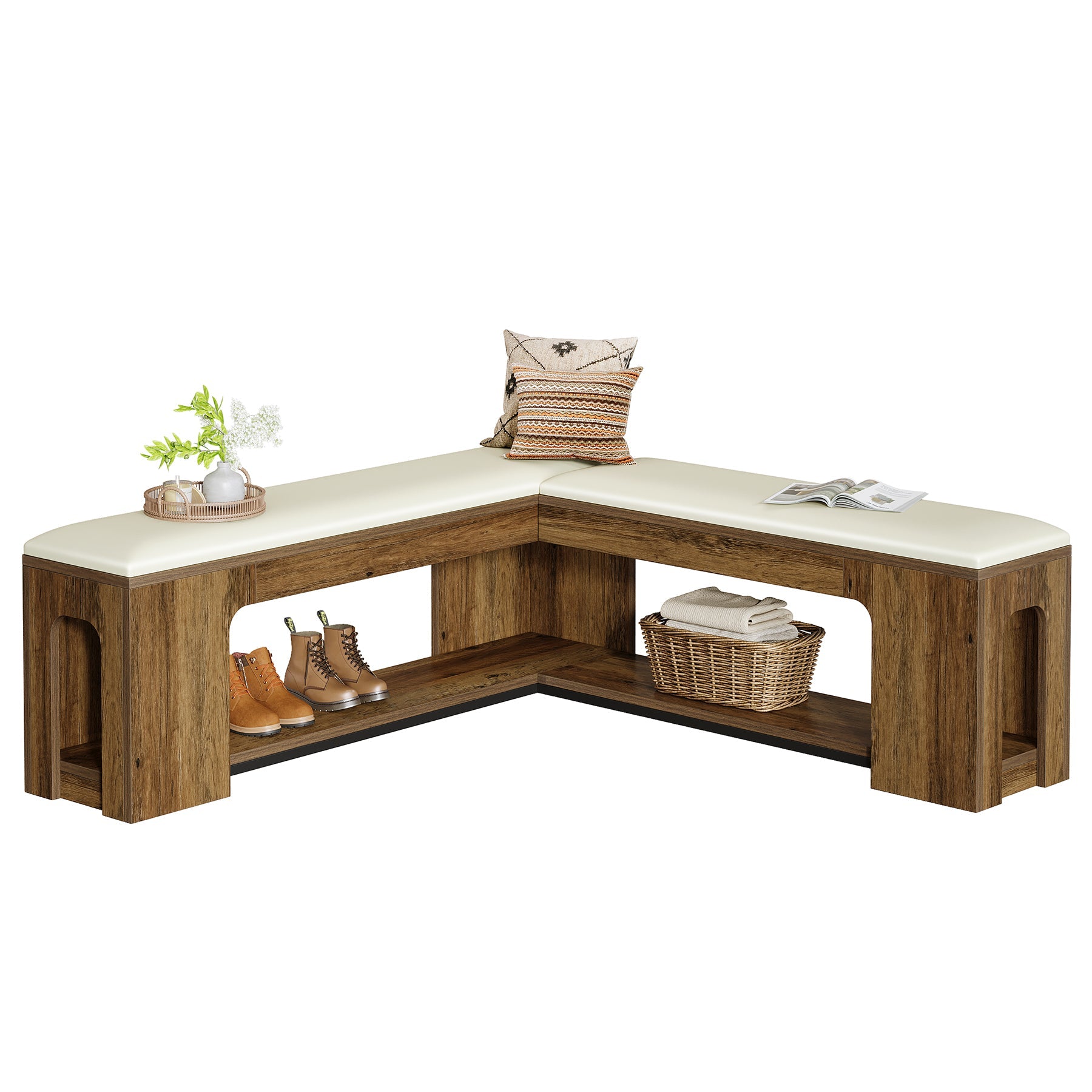 Tribesigns Banc d'angle en L avec coussin d'assise 120 cm, Banc de style ferme avec étagère à chaussures et espace de rangement ouvert