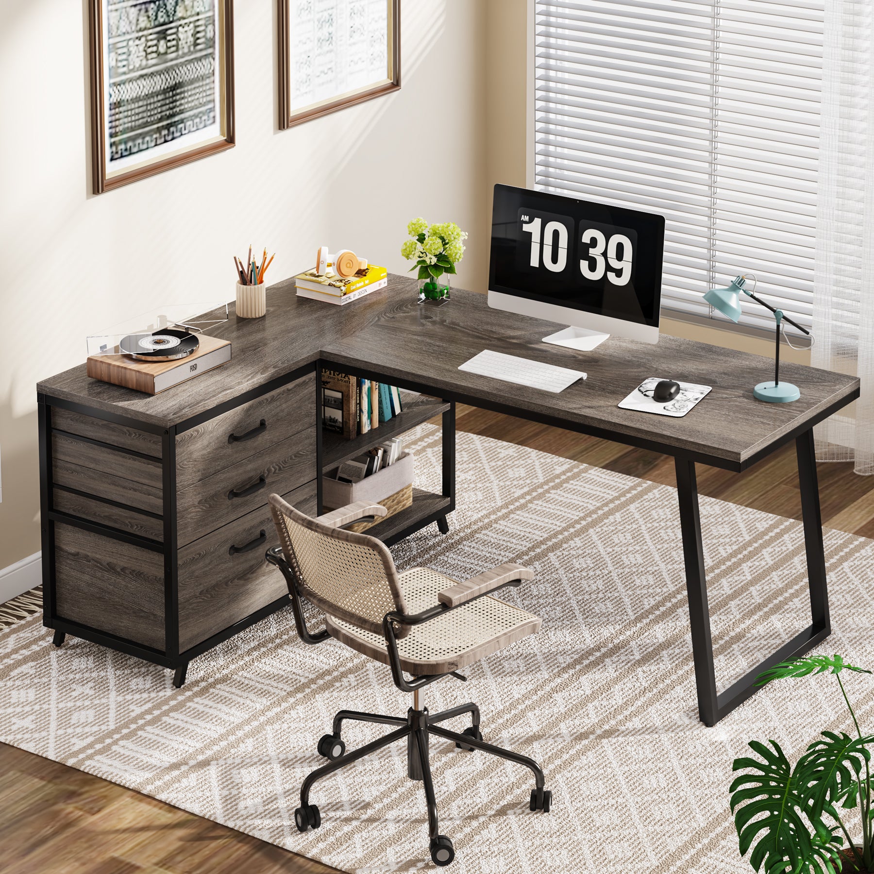Tribesigns Bureau d'ordinateur en forme de L avec 3 tiroirs, Bureau d'angle réversible avec étagères