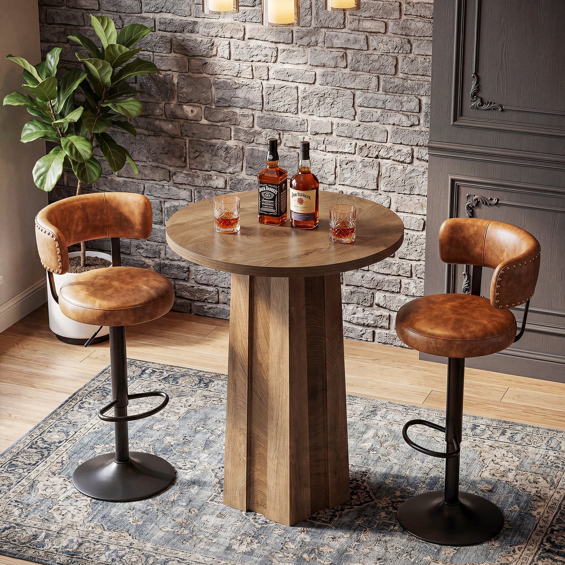 Table de bar ronde de 80 cm avec pied central rainuré, Table de bistrot moderne à hauteur de comptoir