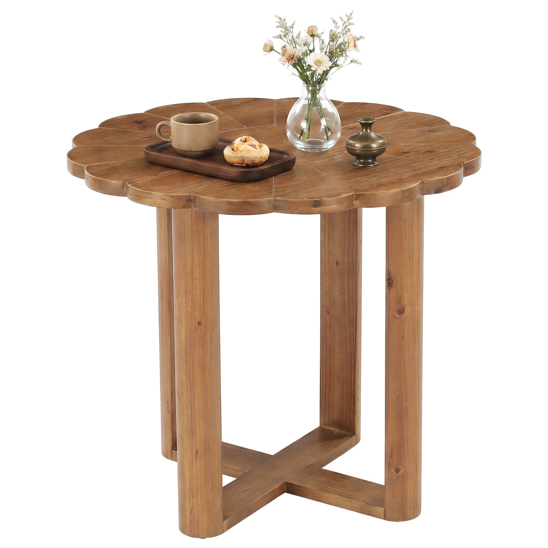Table de salle à manger ronde en bois massif 80 cm pour 2 à 4 personnes, Style maison de campagne, avec motif floral sculpté