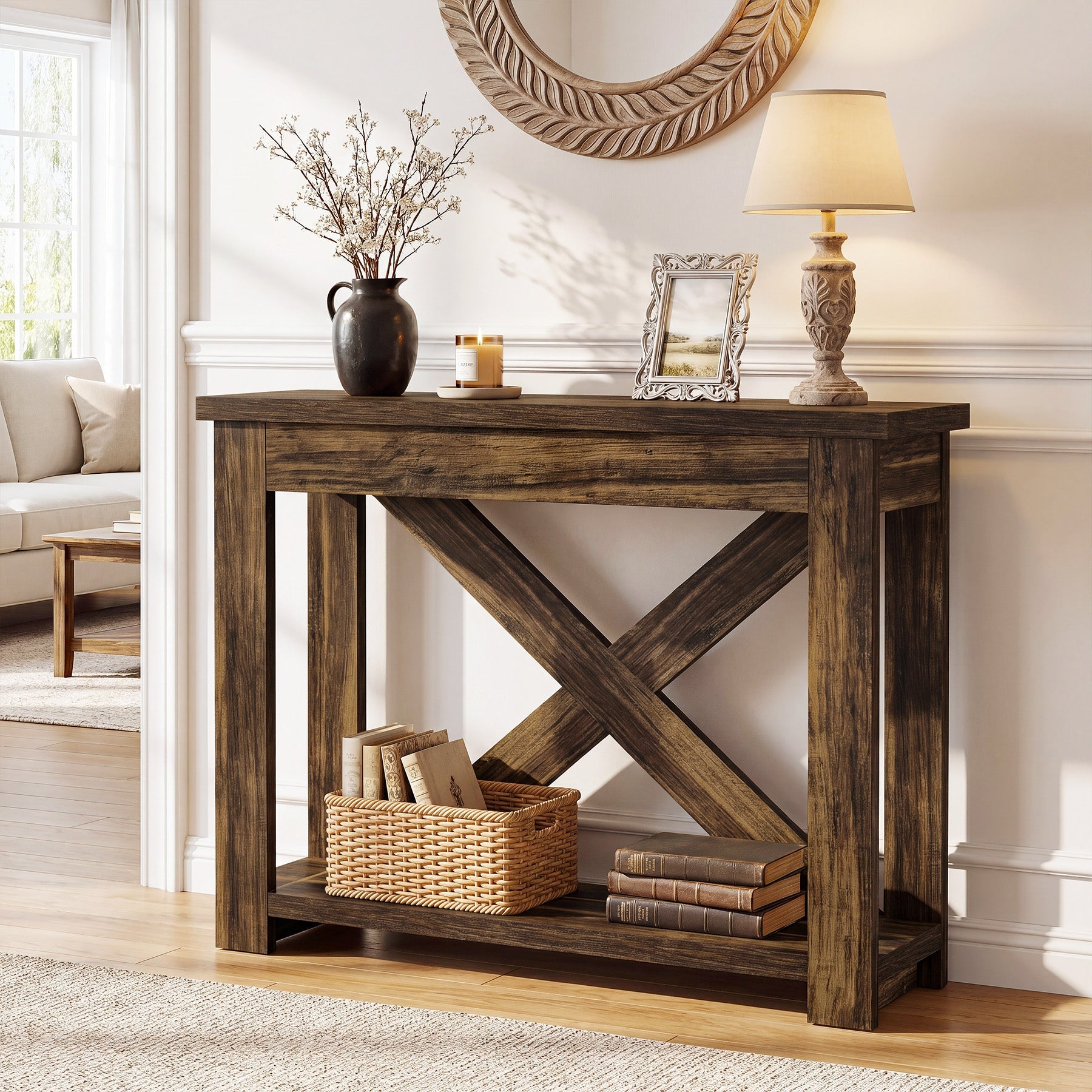 Tribesigns Console de 105 cm de long style champêtre avec étagère, Table d'entrée étroite à 2 niveaux