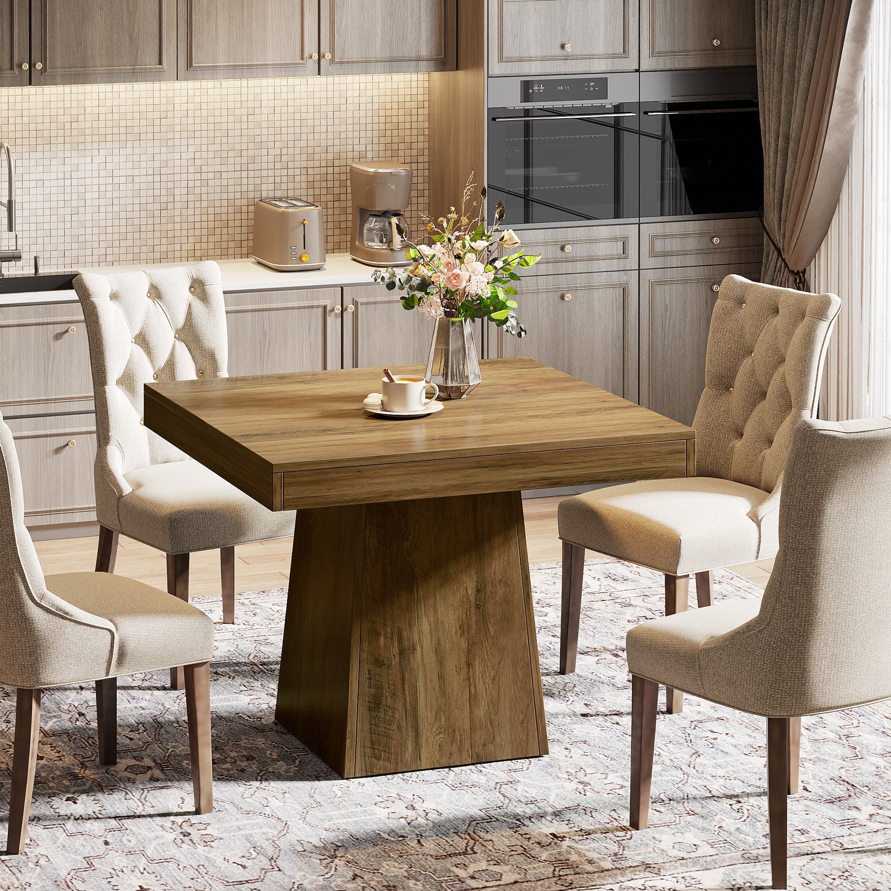 Tribesigns Table de salle à manger carrée de 80 cm pour 4 personnes, Style champêtre avec piètement à colonnes couleur marron