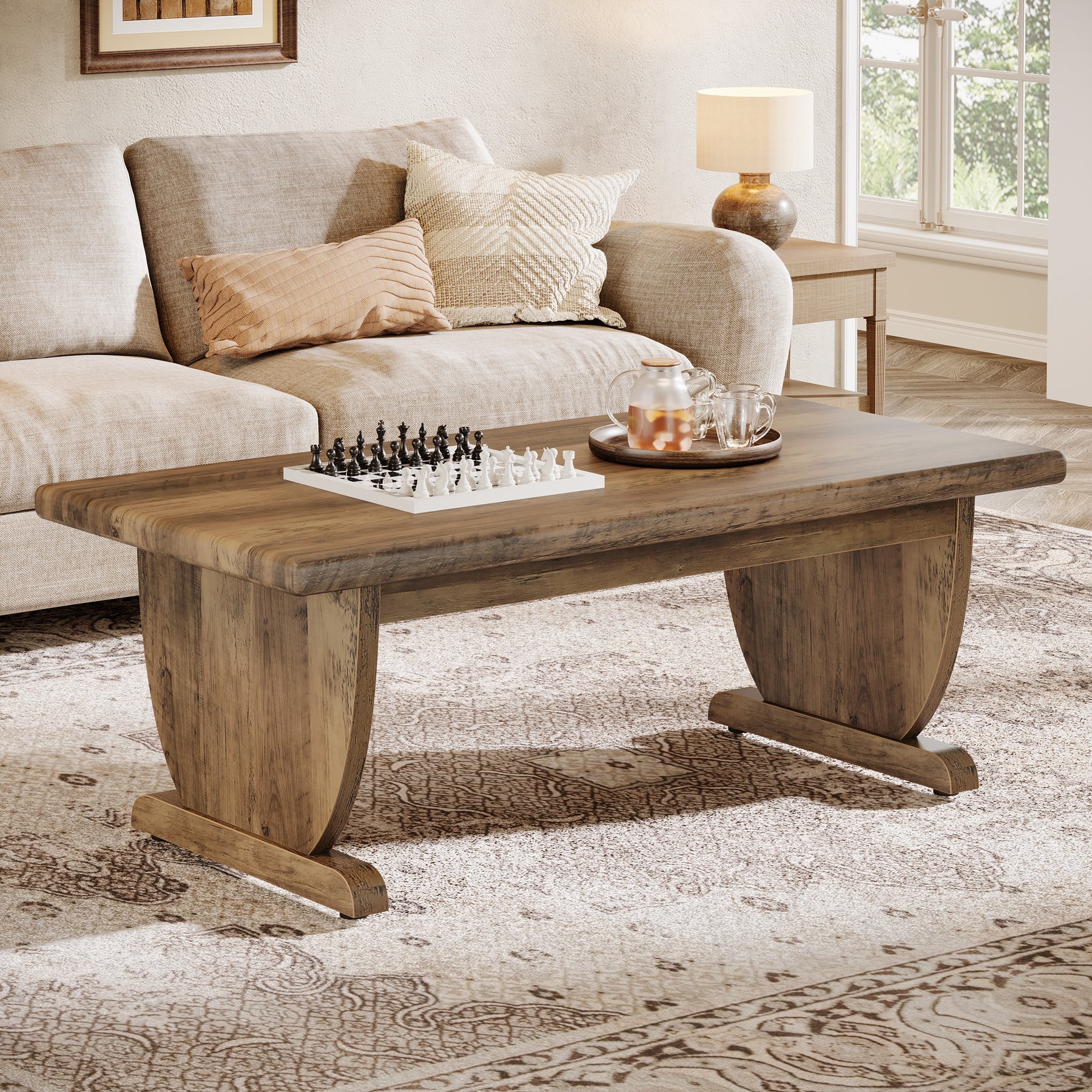Tribesigns Table basse rectangulaire de 120 cm, Grande table en bois de style campagnard avec pied central robuste