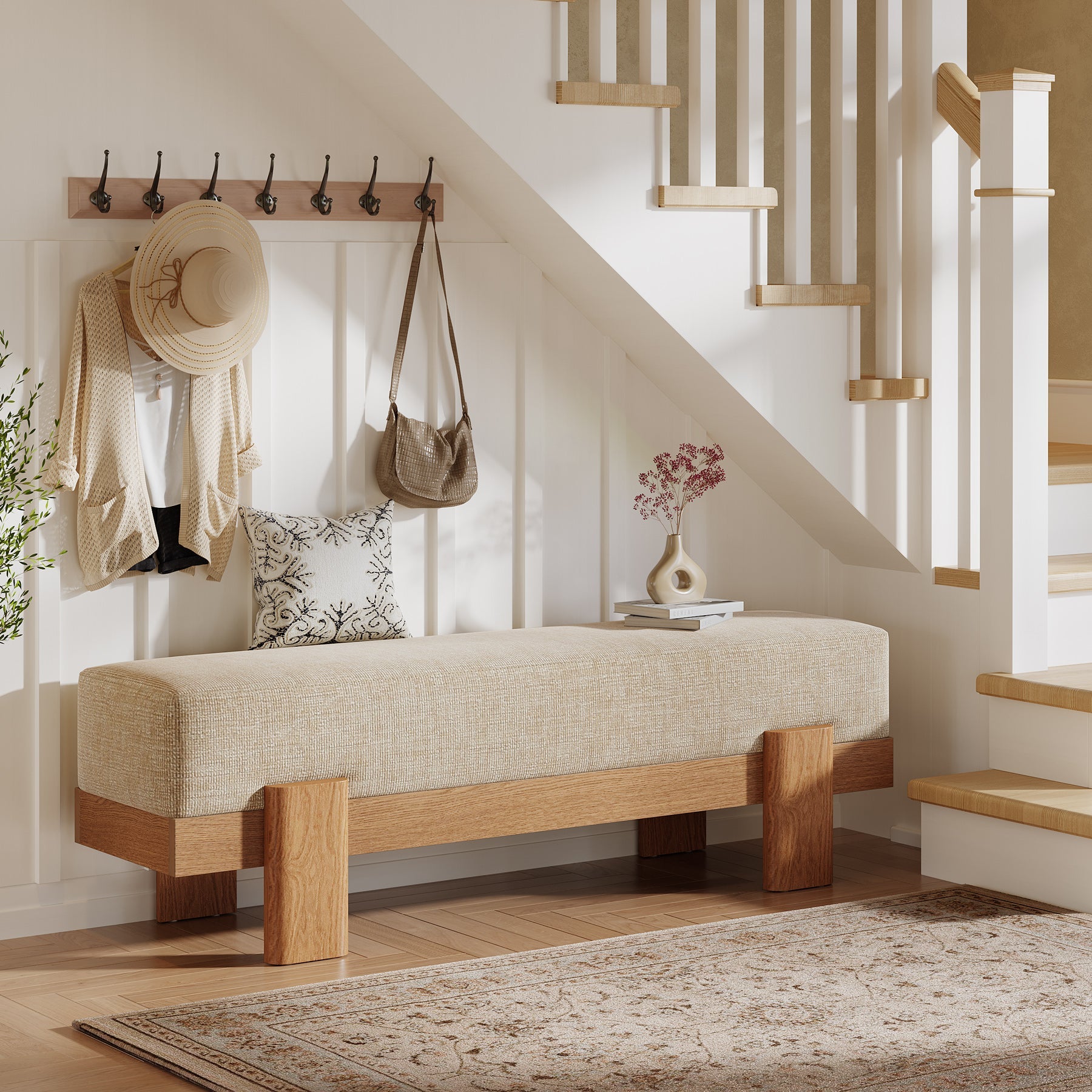 Banc d'entrée rembourré de 140 cm, Banc à chaussures avec coussin d'assise épais