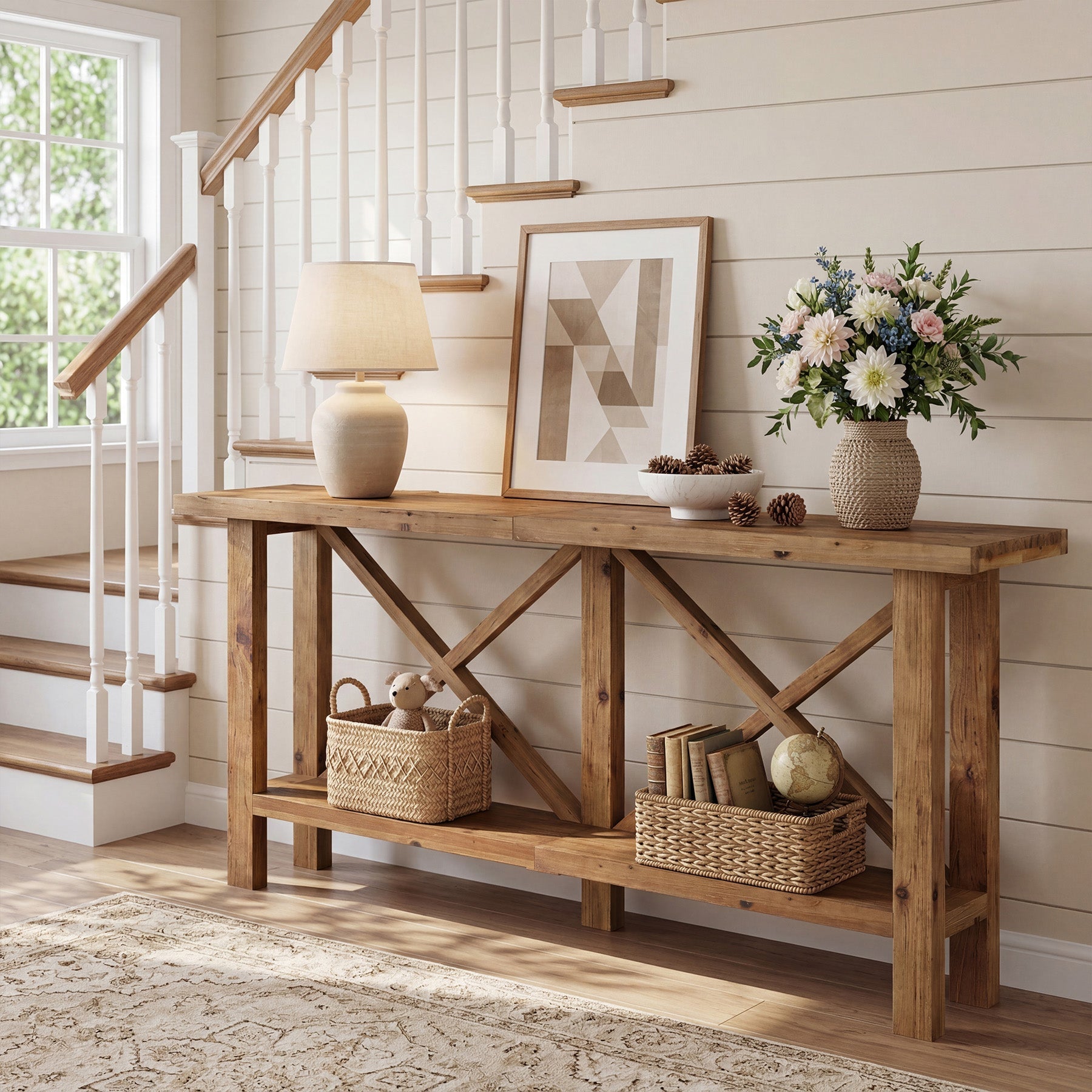 Console étroite de 180 cm, Table d'entrée à 2 niveaux en bois massif
