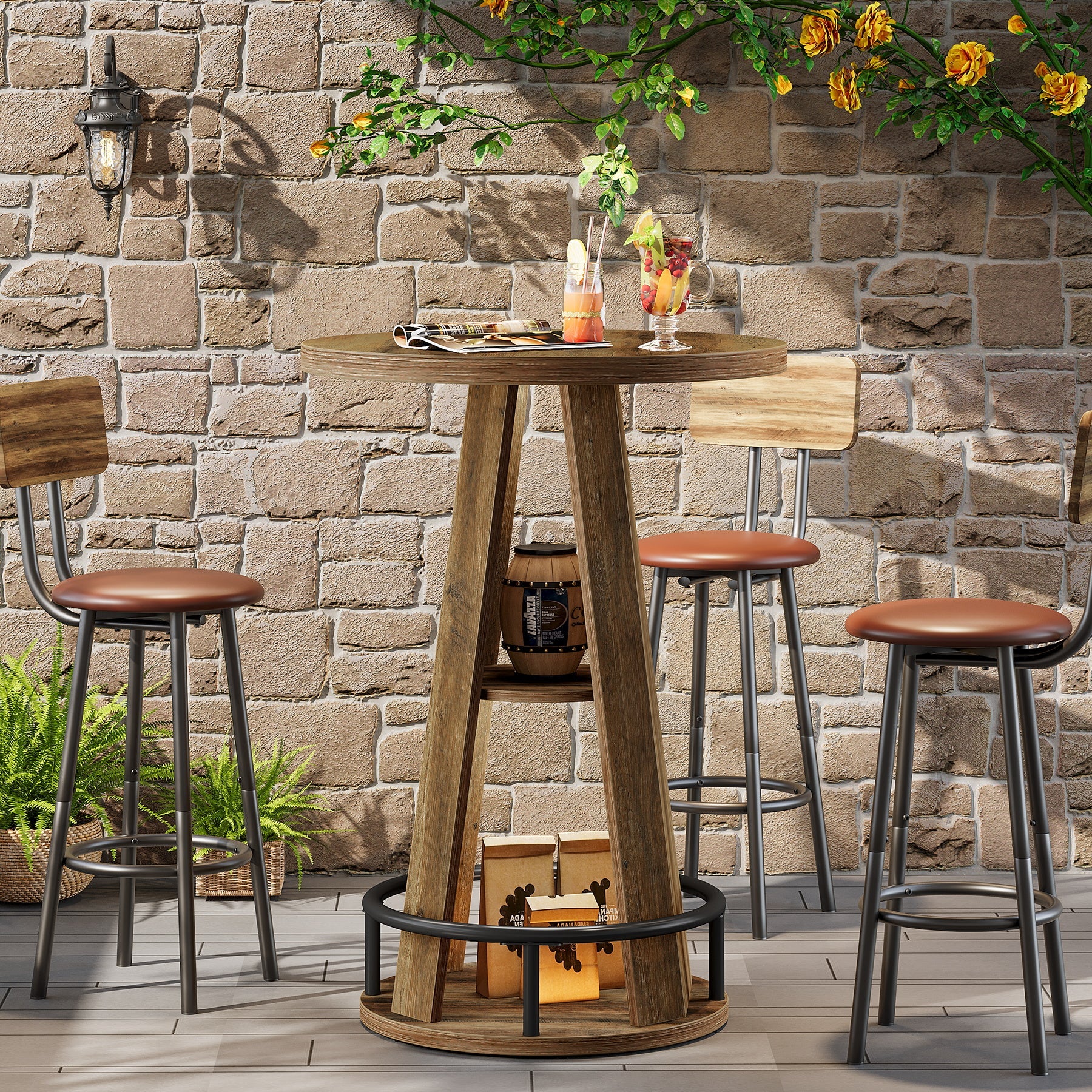 Tribesigns Table de bar ronde de 100 cm avec rangement, Table bistro industrielle pour salon, bar, petits espaces