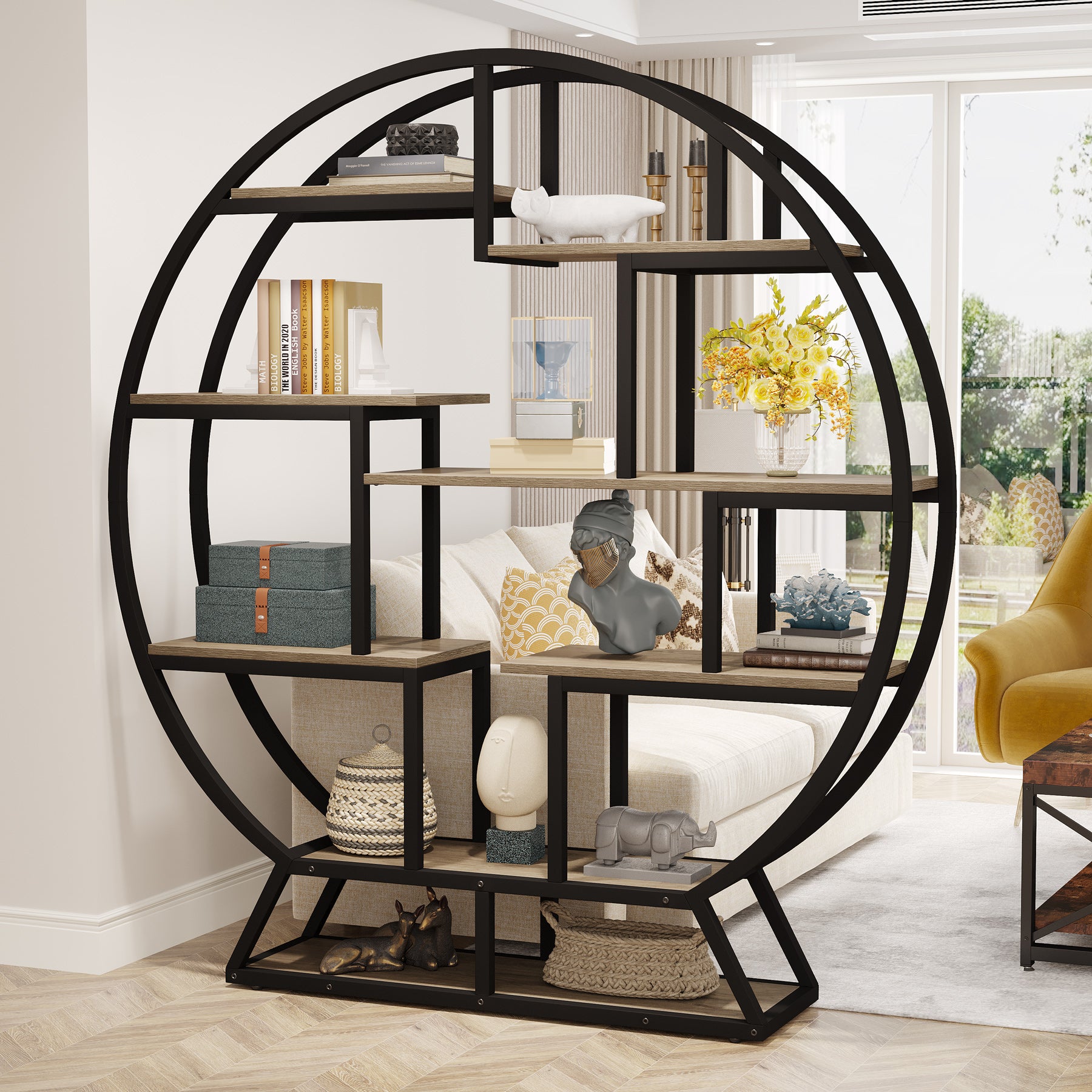 Tribesigns Bibliothèque autoportante, Étagères rondes à livres en bois industriel