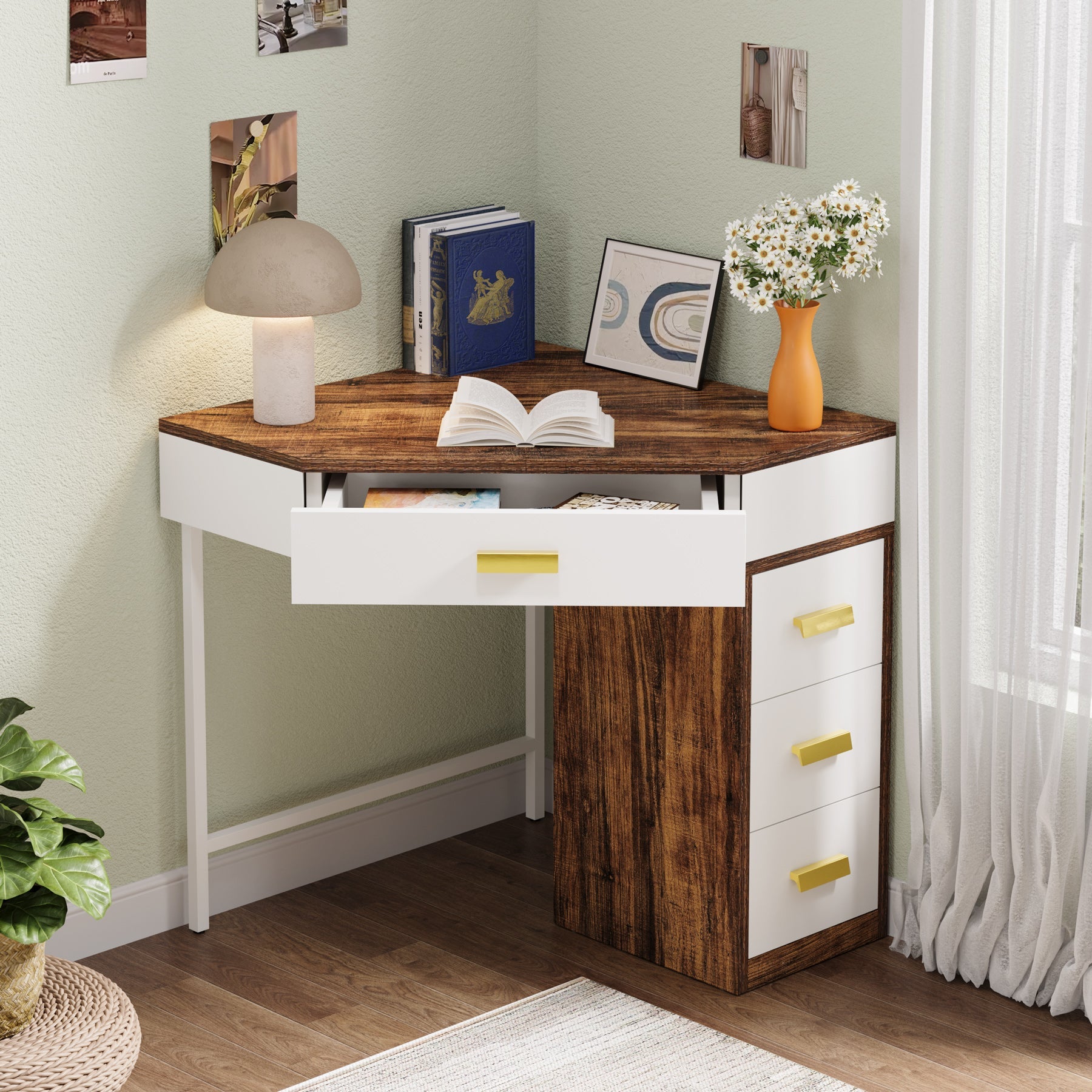 Bureau d'angle avec 4 tiroirs, Bureau triangulaire gain de place pour bureau à domicile