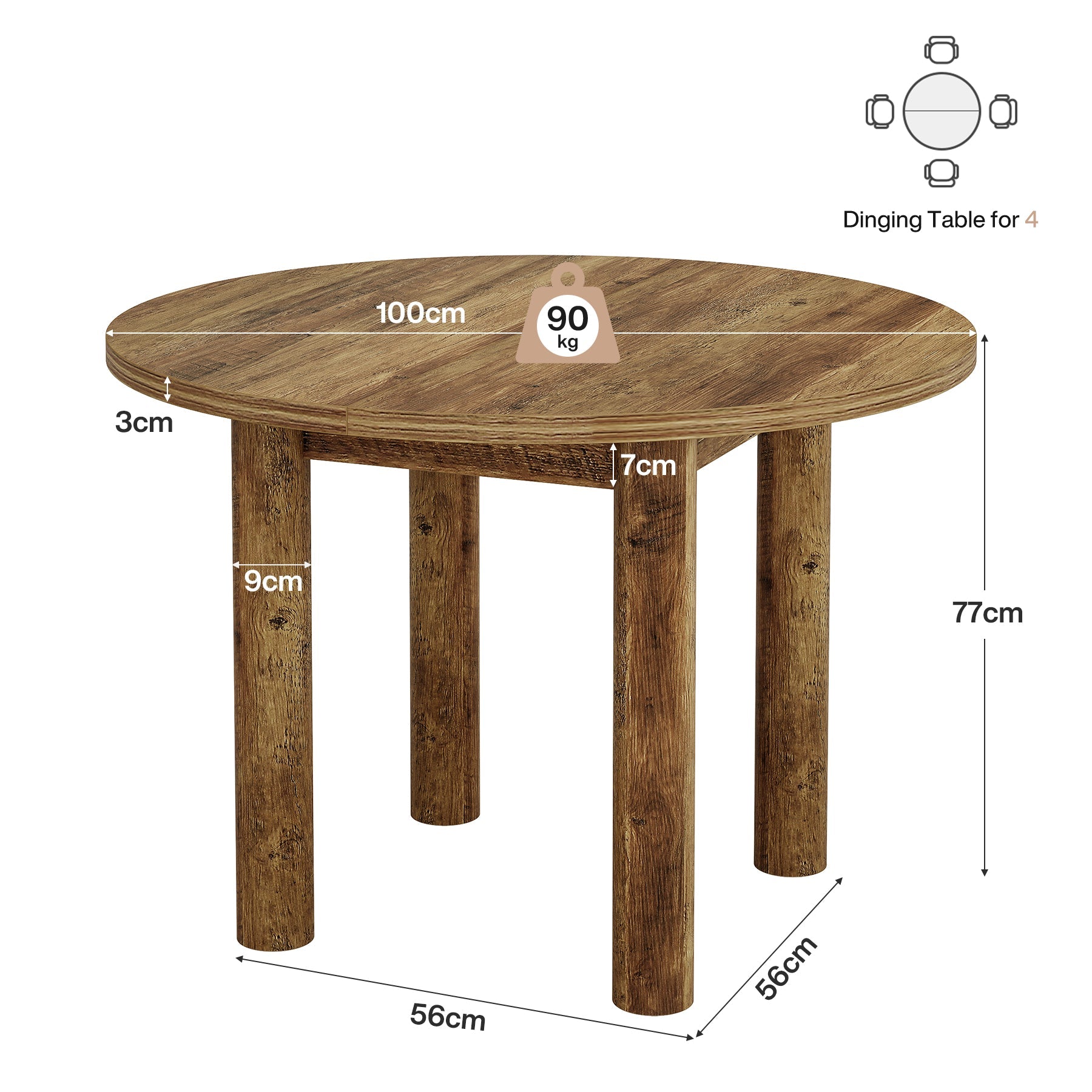 Tribesigns Table à manger ronde de 100 cm pour 4 personnes, Table de cuisine de campagne moderne en marron