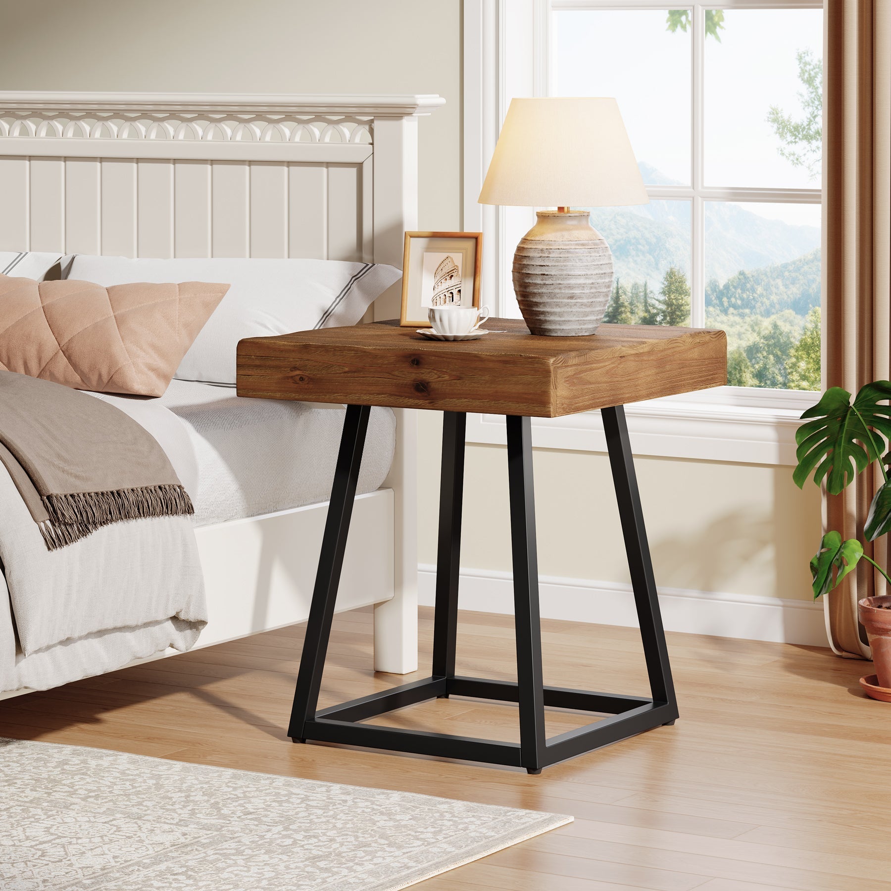 Tribesigns Table d'appoint en bois massif 50 cm, Table de chevet carrée avec piètement en métal