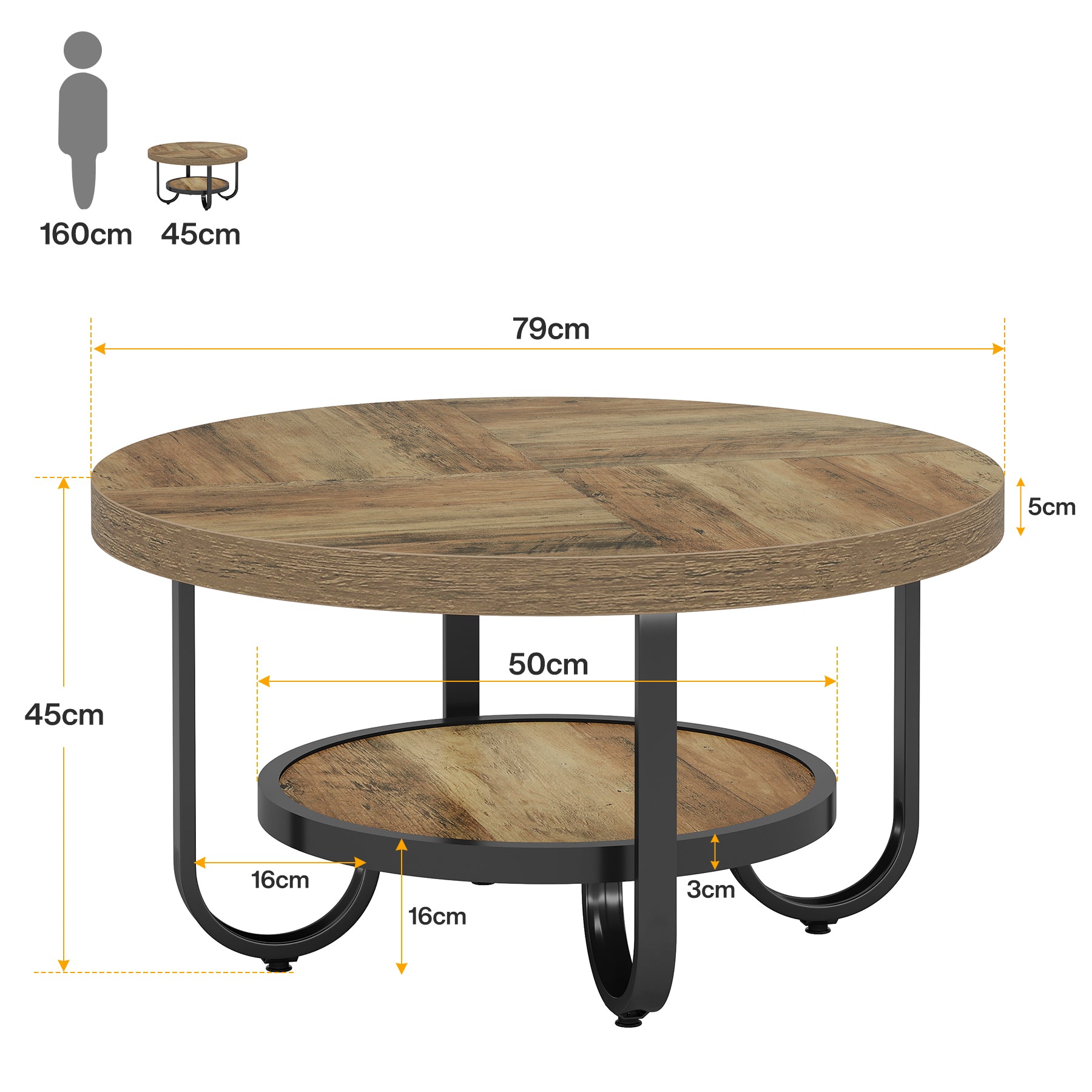 Table basse Tribesigns à deux niveaux, Table centrale de 79 cm avec étagère de rangement