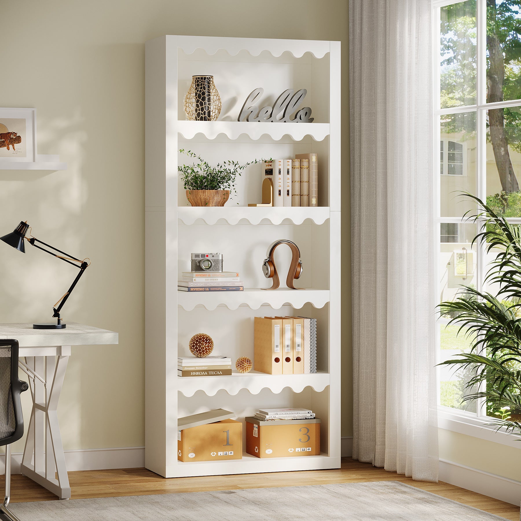 Tribesigns Bibliothèque de 180 cm de haut, Étagère moderne avec bords en forme de coquillage pour salon
