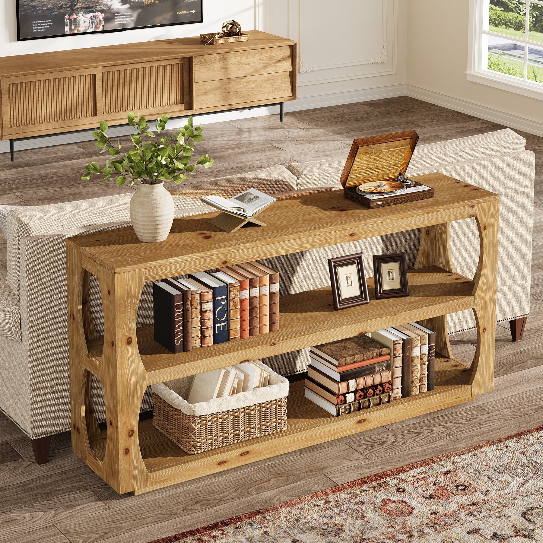 Tribesigns Console de 160 cm en sapin massif, Table d'entrée étroite à 3 étagères style champêtre