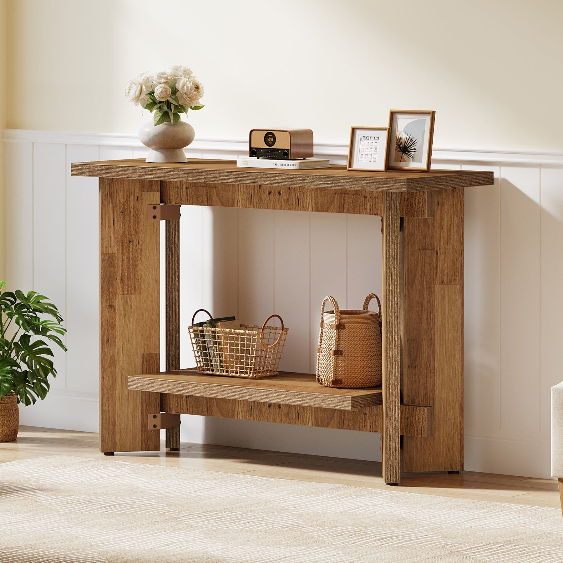 Tribesigns Console de style campagnard de 105 cm avec étagère, Table basse étroite pour salon et entrée