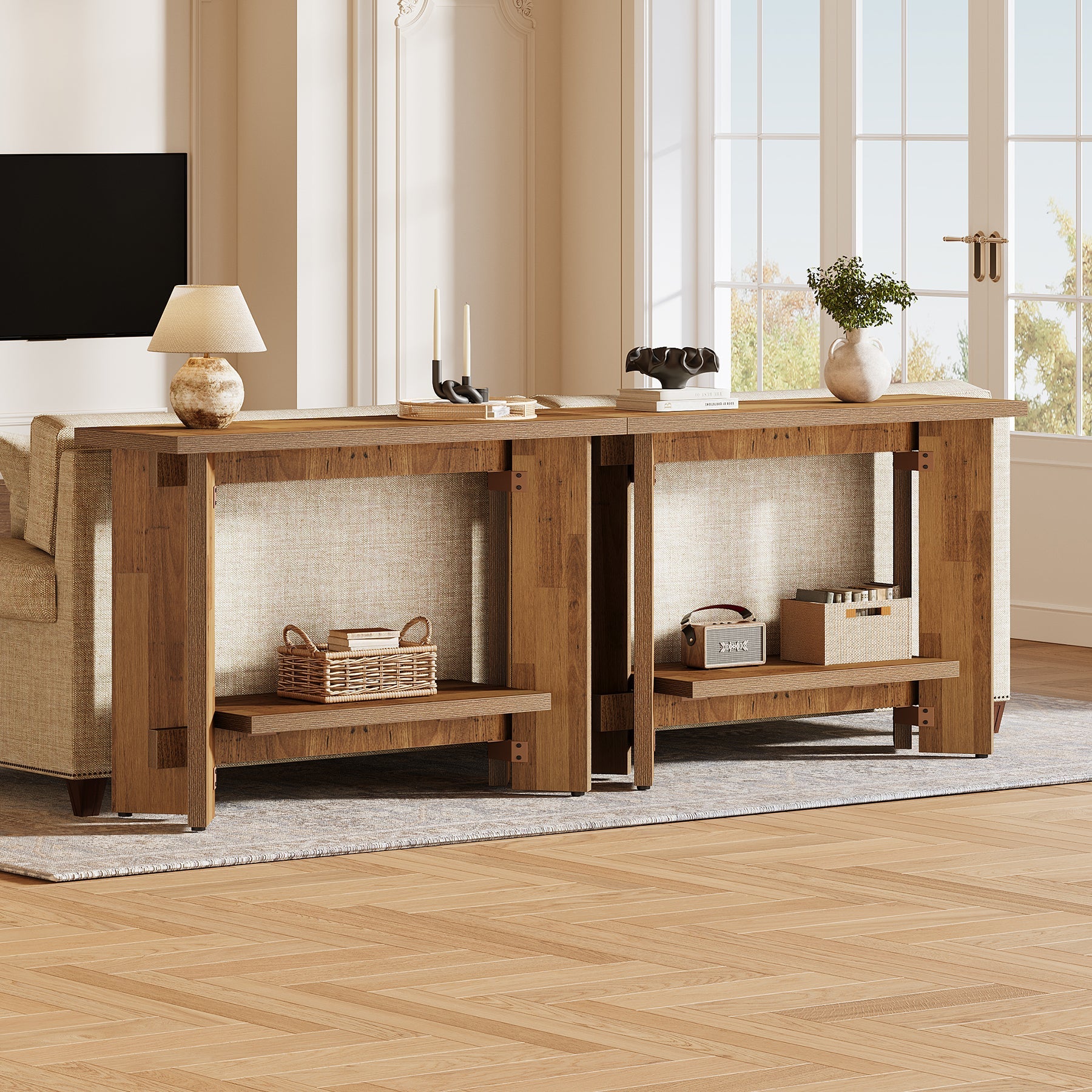 Tribesigns Console de style campagnard de 105 cm avec étagère, Table basse étroite pour salon et entrée