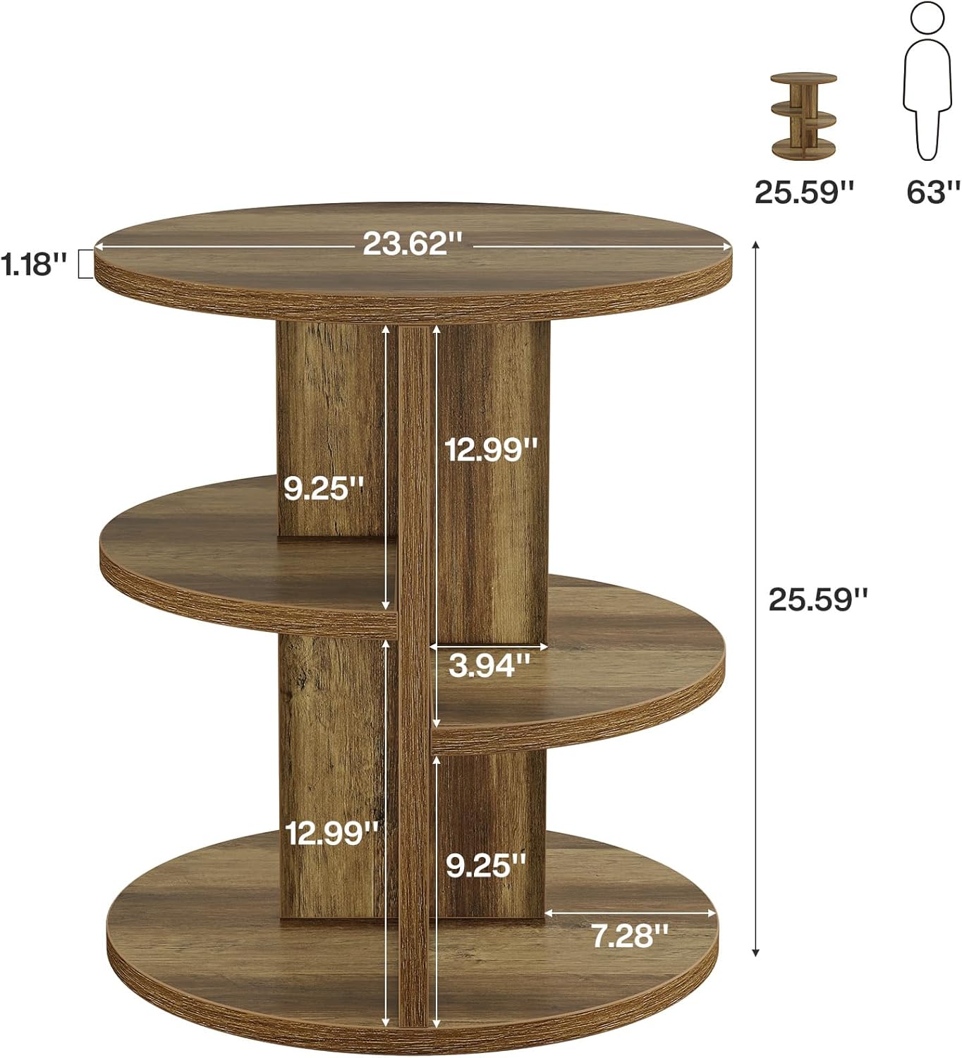 60cm 3-stufiger Beistelltisch - Landhausstil 3 Ablageflächen für Wohnzimmer und Schlafzimmer