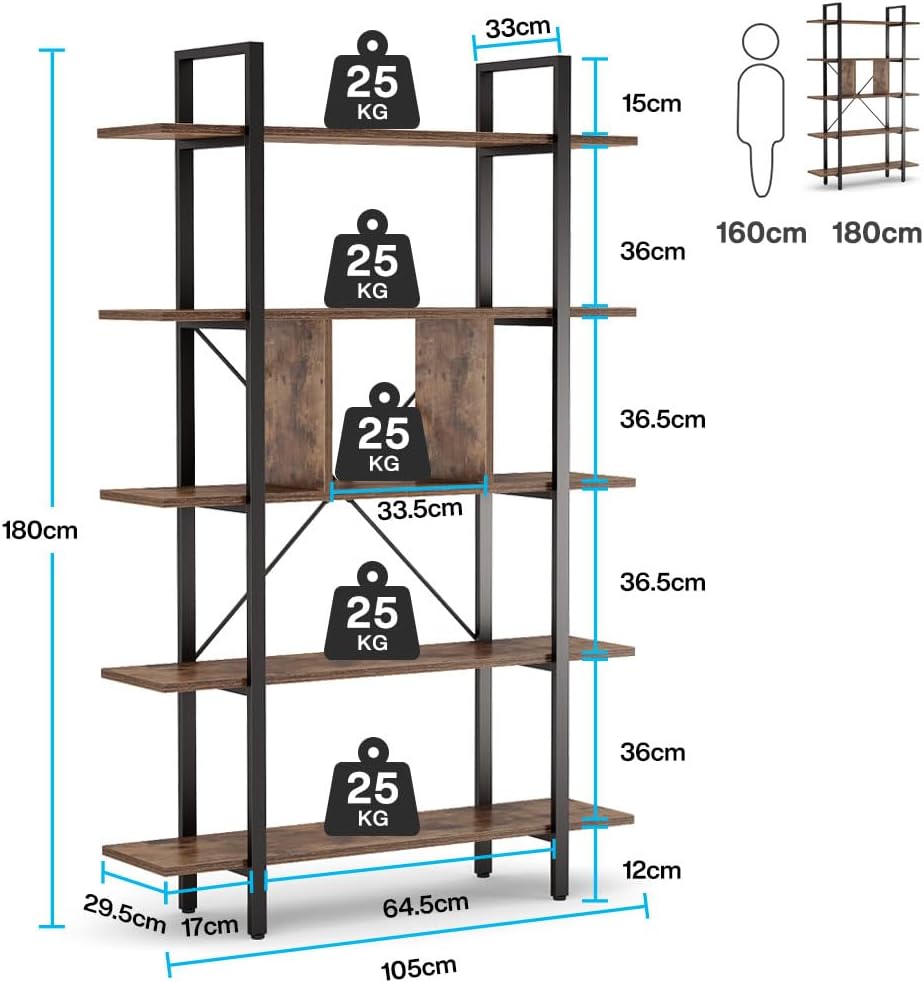 Tribesigns Bibliothèque à 5 Niveaux, Étagère de rangement Bibliothèque meuble de rangement industrielle
