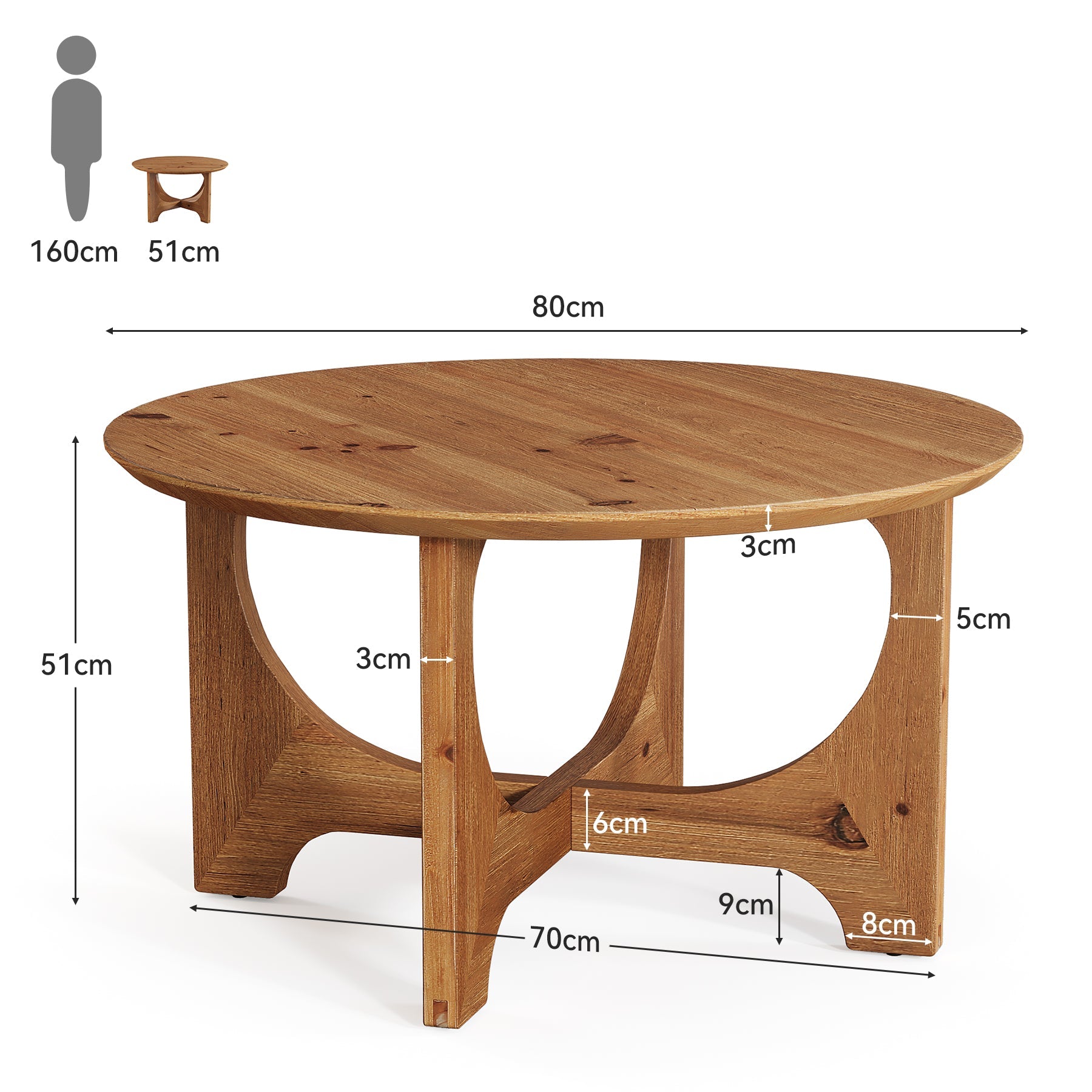 Tribesigns Table basse ronde en bois massif 80 cm, Style champêtre idéale pour les salons et les petits espaces