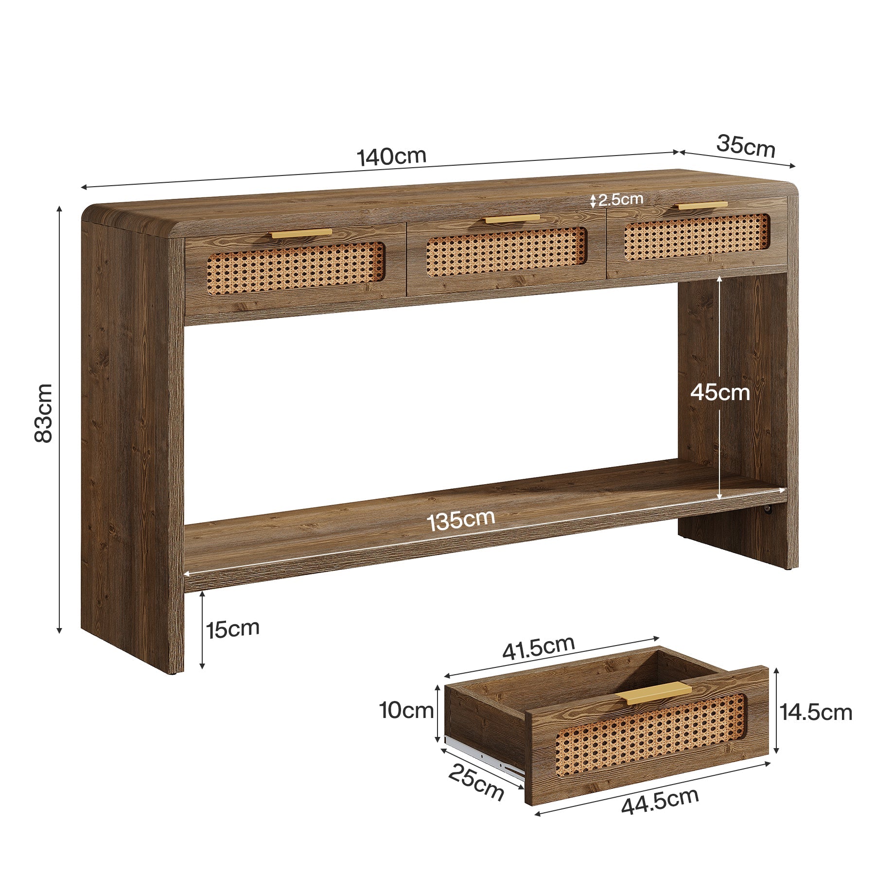 Tribesigns Console de 140 cm avec 3 tiroirs en rotin, Table d'appoint étroite avec 2 étagères