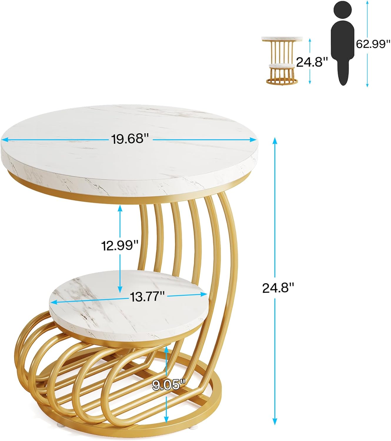 Tribesigns Table d'appoint à 2 étages, Table de Chevet Moderne en Or Blanc avec Cadre en Forme d'arc en métal