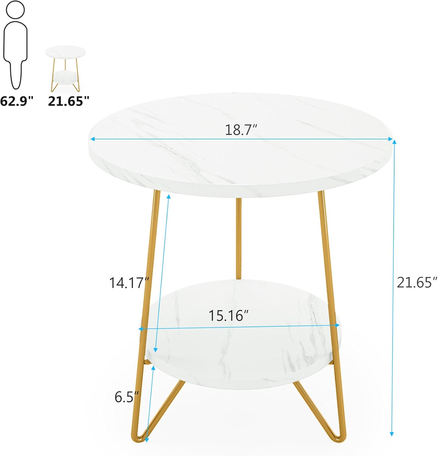 Tribesigns Table d'appoint en faux marbre, Table d'appoint ronde à 2 niveaux avec étagères Table de chevet dorée moderne