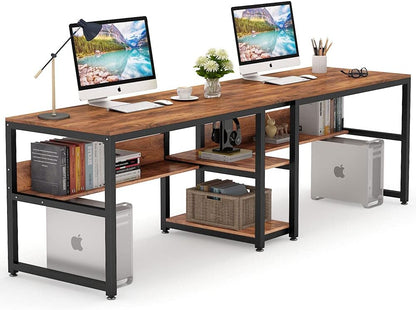 Tribesigns Bureau avec Rangement, 200 cm Bureau d'Ordinateur Double pour Deux Personnes, Bureau d'écriture Rustique avec étagère