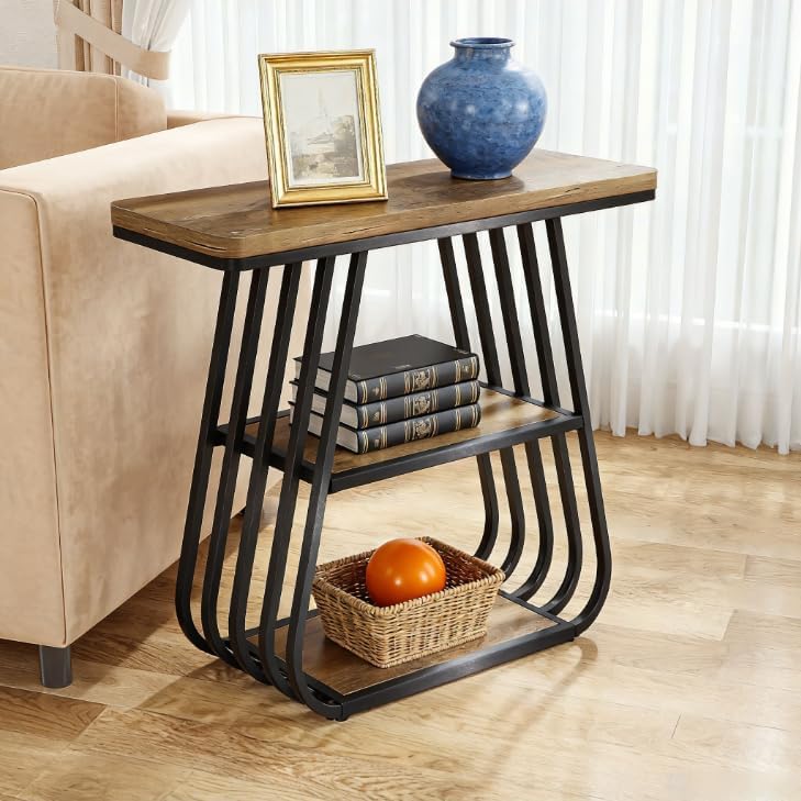 Tribesigns Table d'appoint de 60 cm pour salon, Table étroite à 3 niveaux avec étagère de rangement
