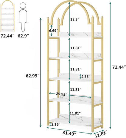 Tribesigns Bibliothèque avec placage imitation marbre blanc, Étagère en métal doré de haut arquées