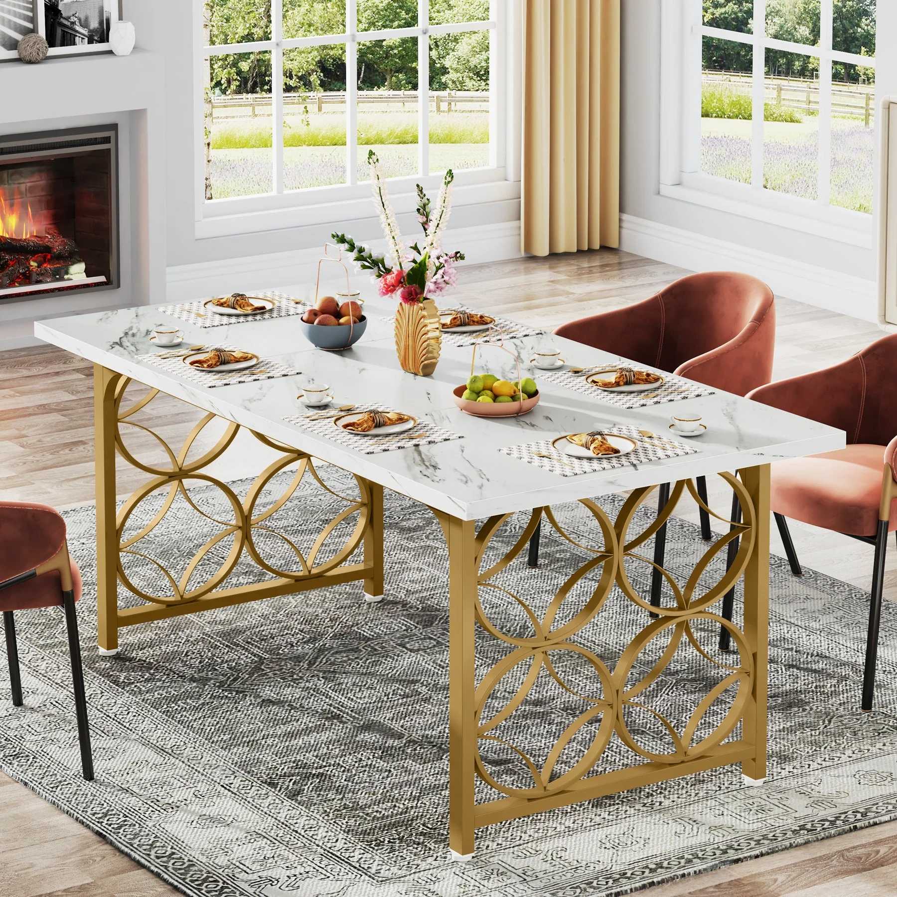 Tribesigns Table à manger 160 cm, Table de cuisine moderne en marbre artificiel pour 6 personnes