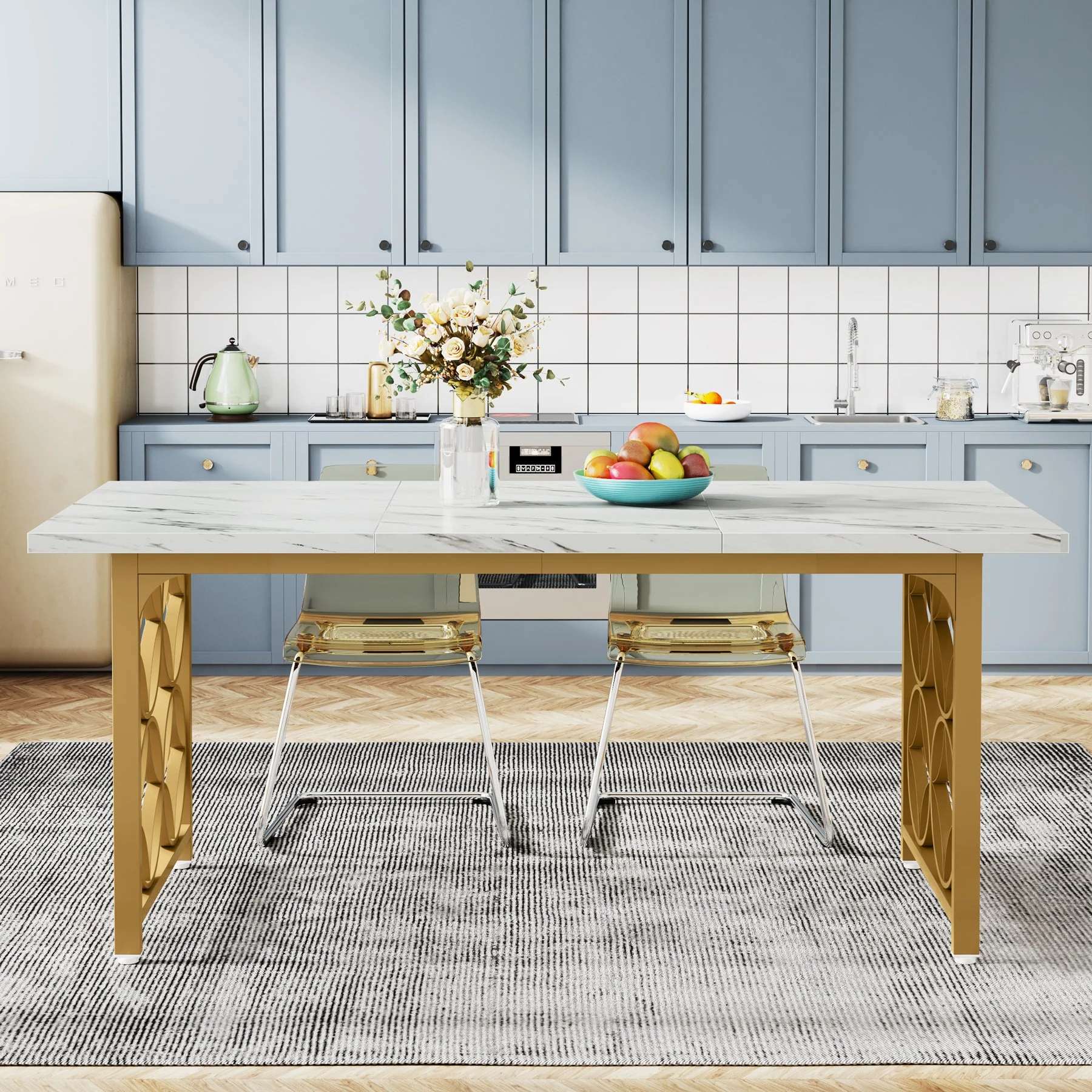 Tribesigns Table à manger 160 cm, Table de cuisine moderne en marbre artificiel pour 6 personnes