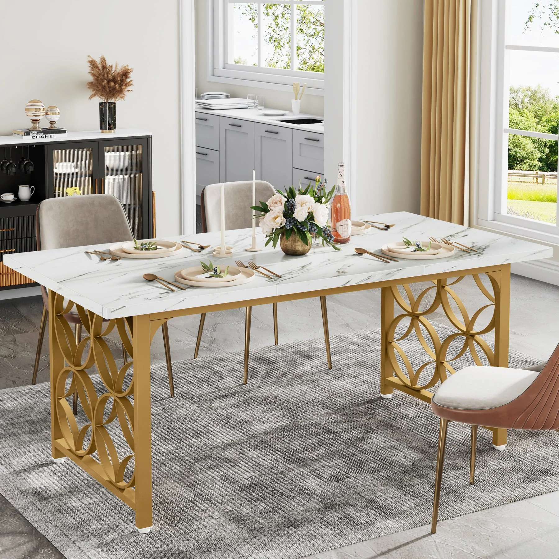 Tribesigns Table à manger 160 cm, Table de cuisine moderne en marbre artificiel pour 6 personnes