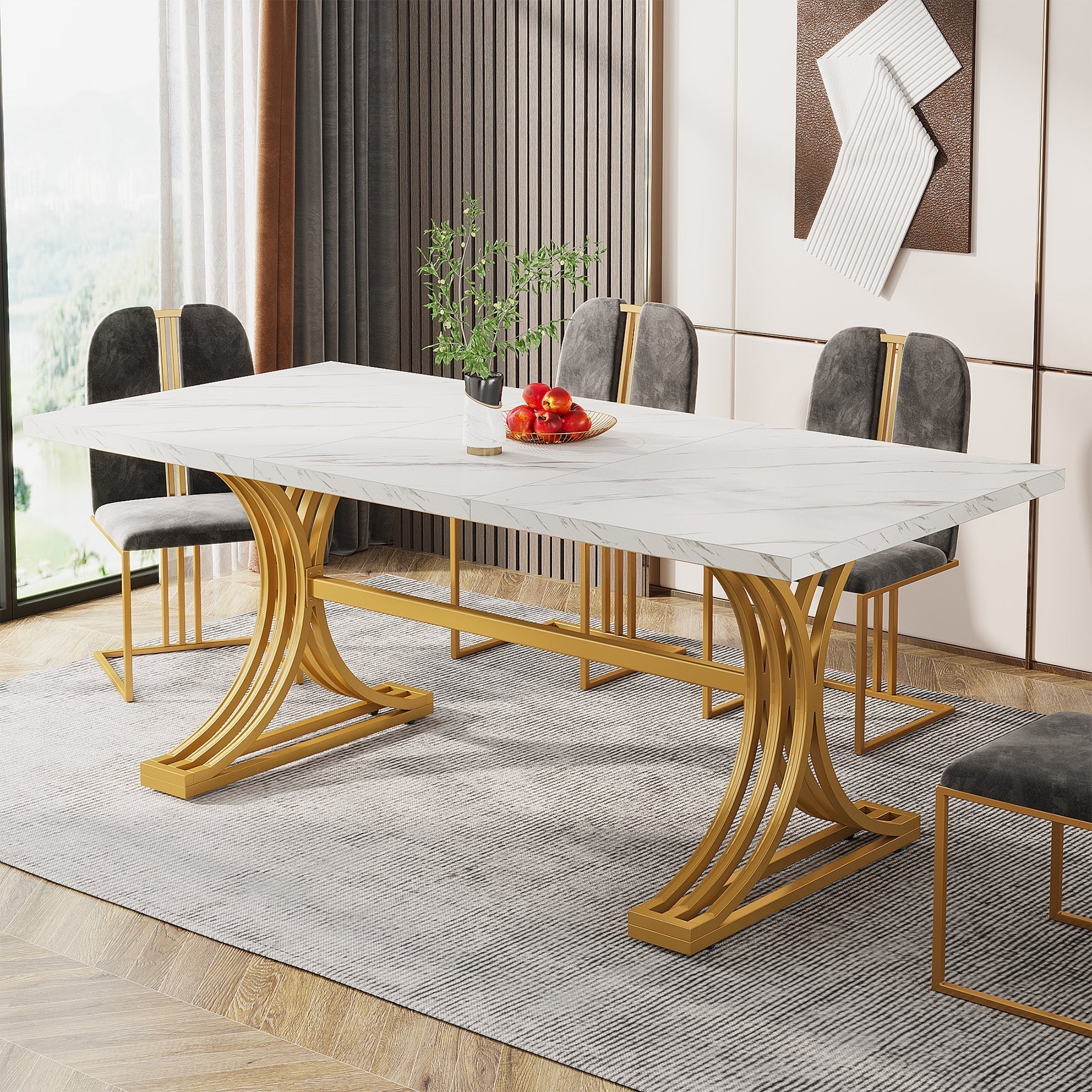 63'' Modern Dining Table with Faux Marble Tabletop & Metal Legs#Farbe_Kunstmarmor Weiß & Gold