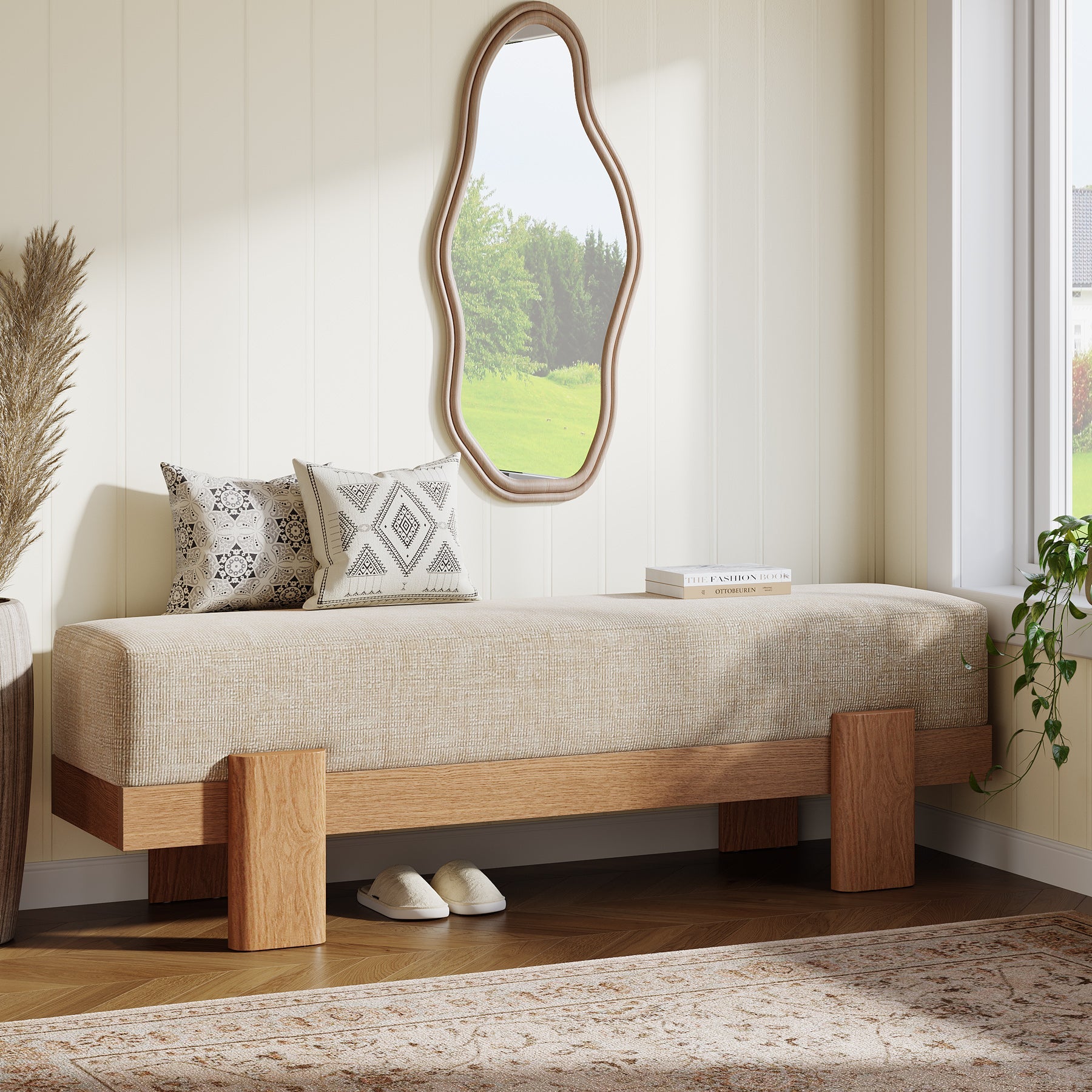Banc d'entrée rembourré de 140 cm, Banc à chaussures avec coussin d'assise épais