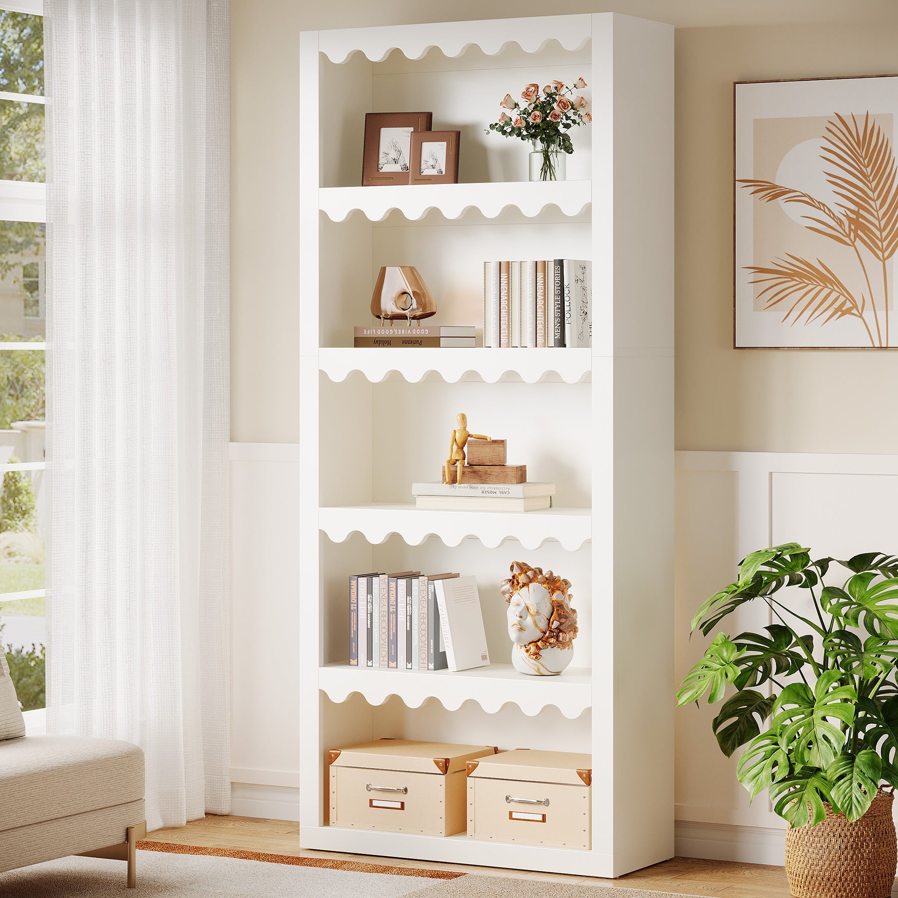 Tribesigns Bibliothèque de 180 cm de haut, Étagère moderne avec bords en forme de coquillage pour salon