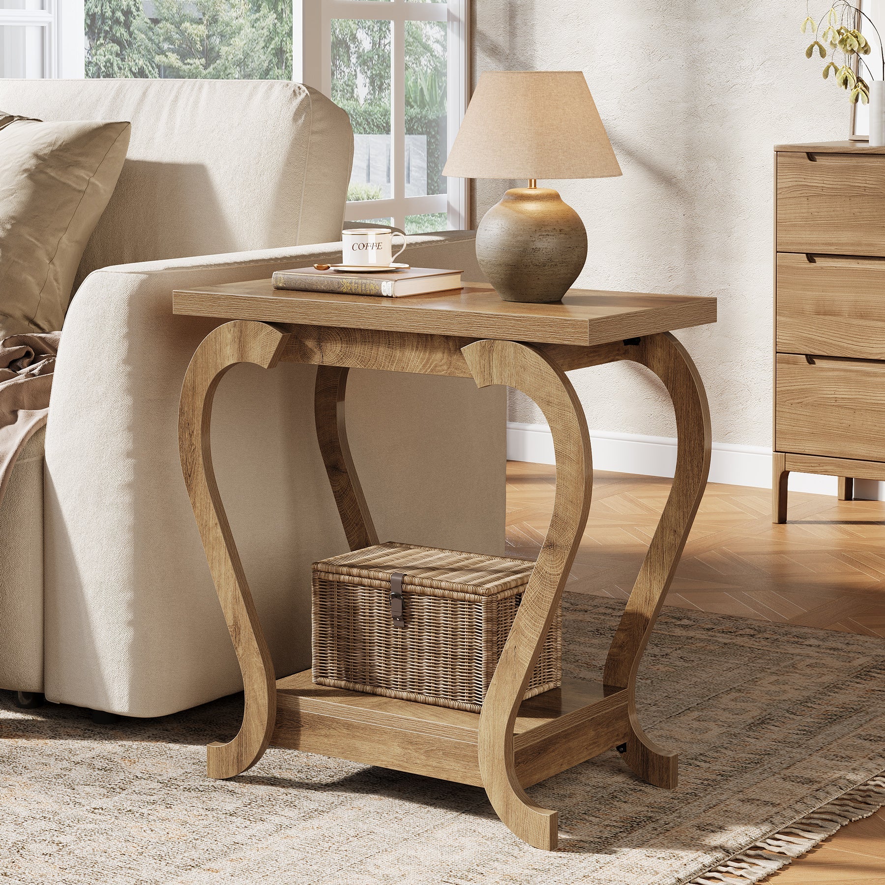 Tribesigns Table d'appoint étroite avec étagère, Table de bout à deux niveaux pour petits espaces Table de chevet compacte