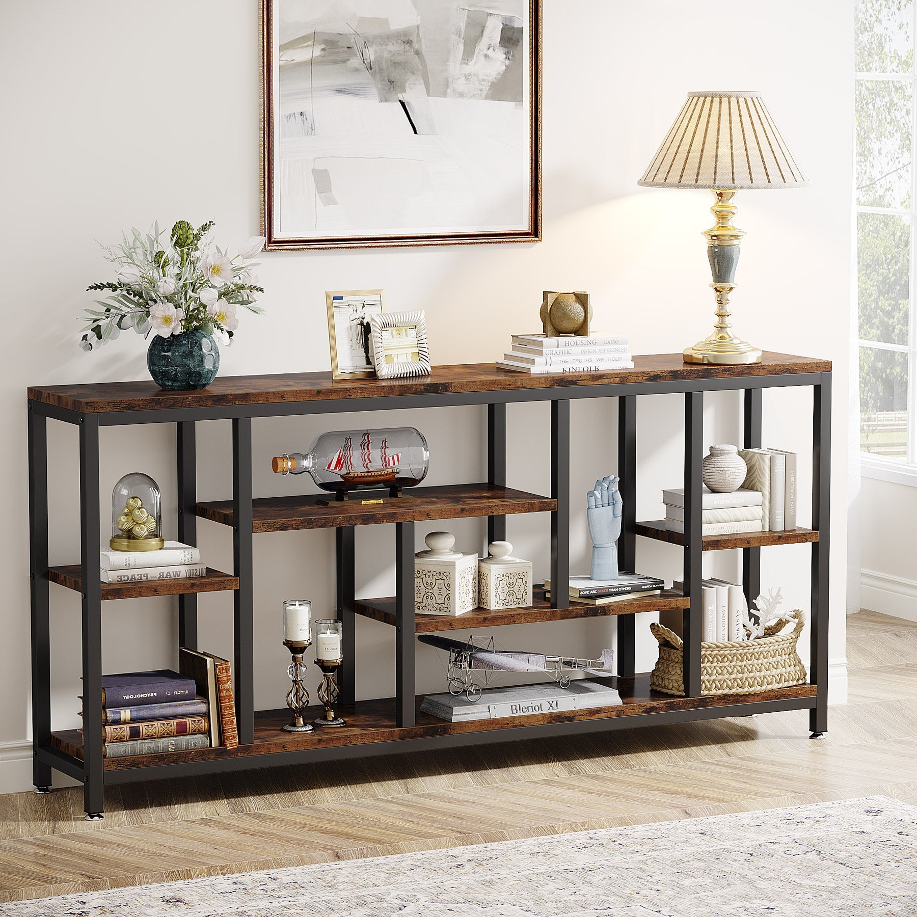 Tribesigns Console industrielle 180 x 30 cm avec rangement à 3 niveaux, Table d'appoint étroite à placer derrière le canapé