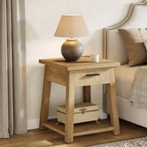 Table de chevet avec tiroir et étagère, Table d'appoint de style champêtre pour chambre et salon 3