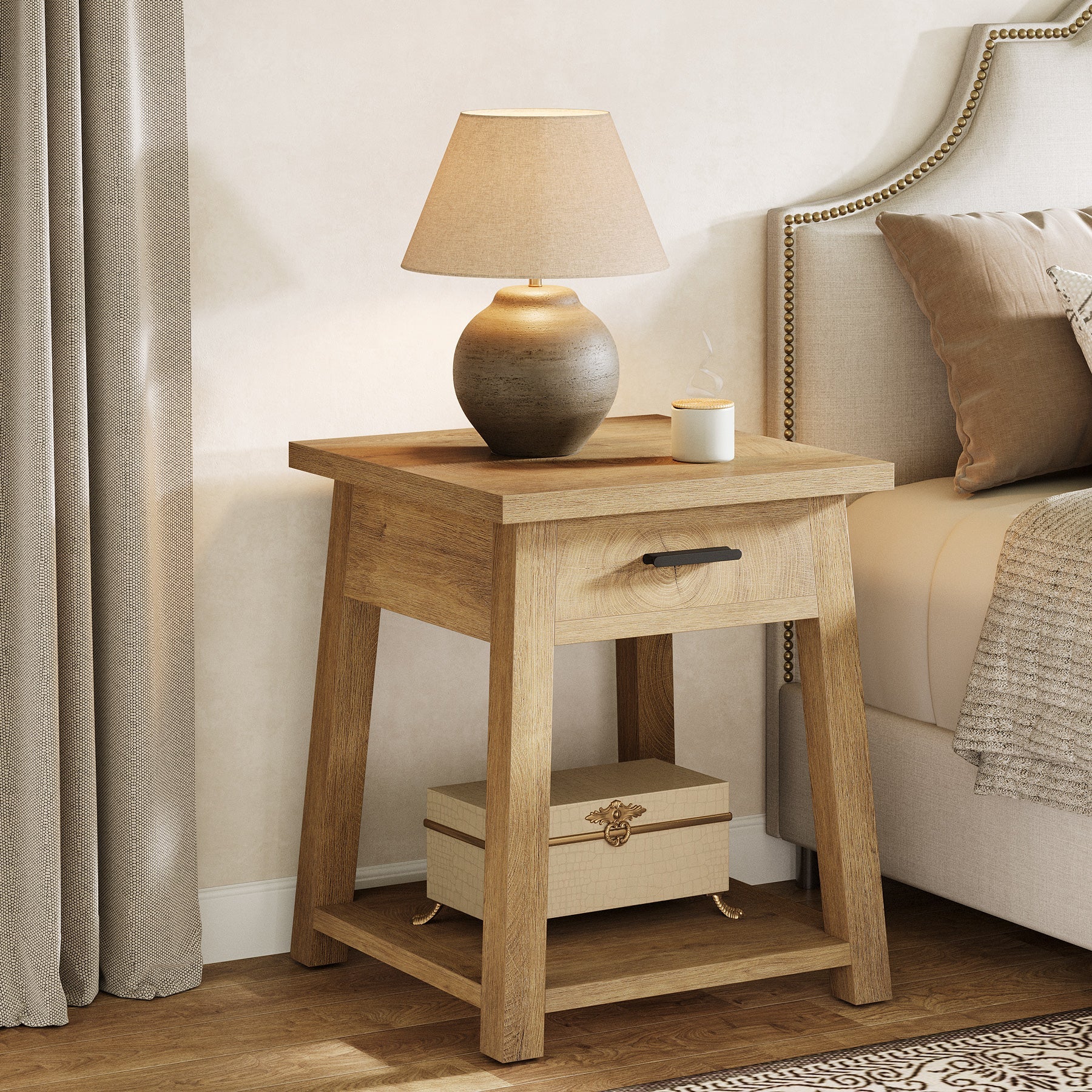 Table de chevet avec tiroir et étagère, Table d'appoint de style champêtre pour chambre et salon
