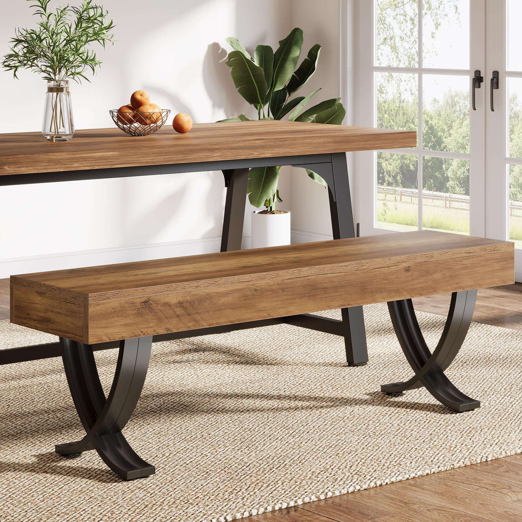 Tribesigns Banc de salle à manger rustique de 140 cm avec plateau imitation bois et pieds en X en métal, Long banc de cuisine pour salle à manger et couloir (banc uniquement)