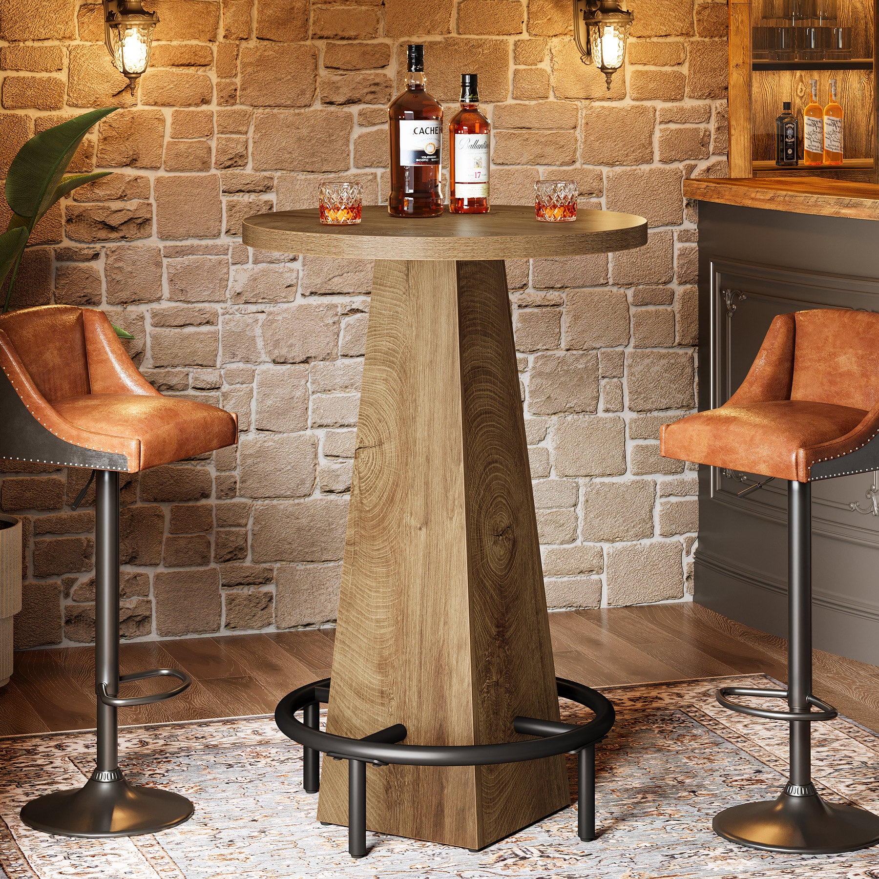 Tribesigns Table haute ronde 95 cm de hauteur, Table de bistro/pub en bois avec repose-pieds annulaire en métal pour café, cocktail