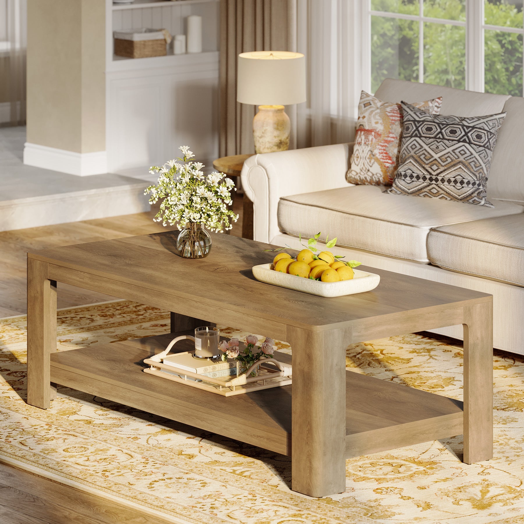 Tribesigns Table basse rectangulaire de 120 cm avec rangement à 2 niveaux, Table centrale en bois pour salon