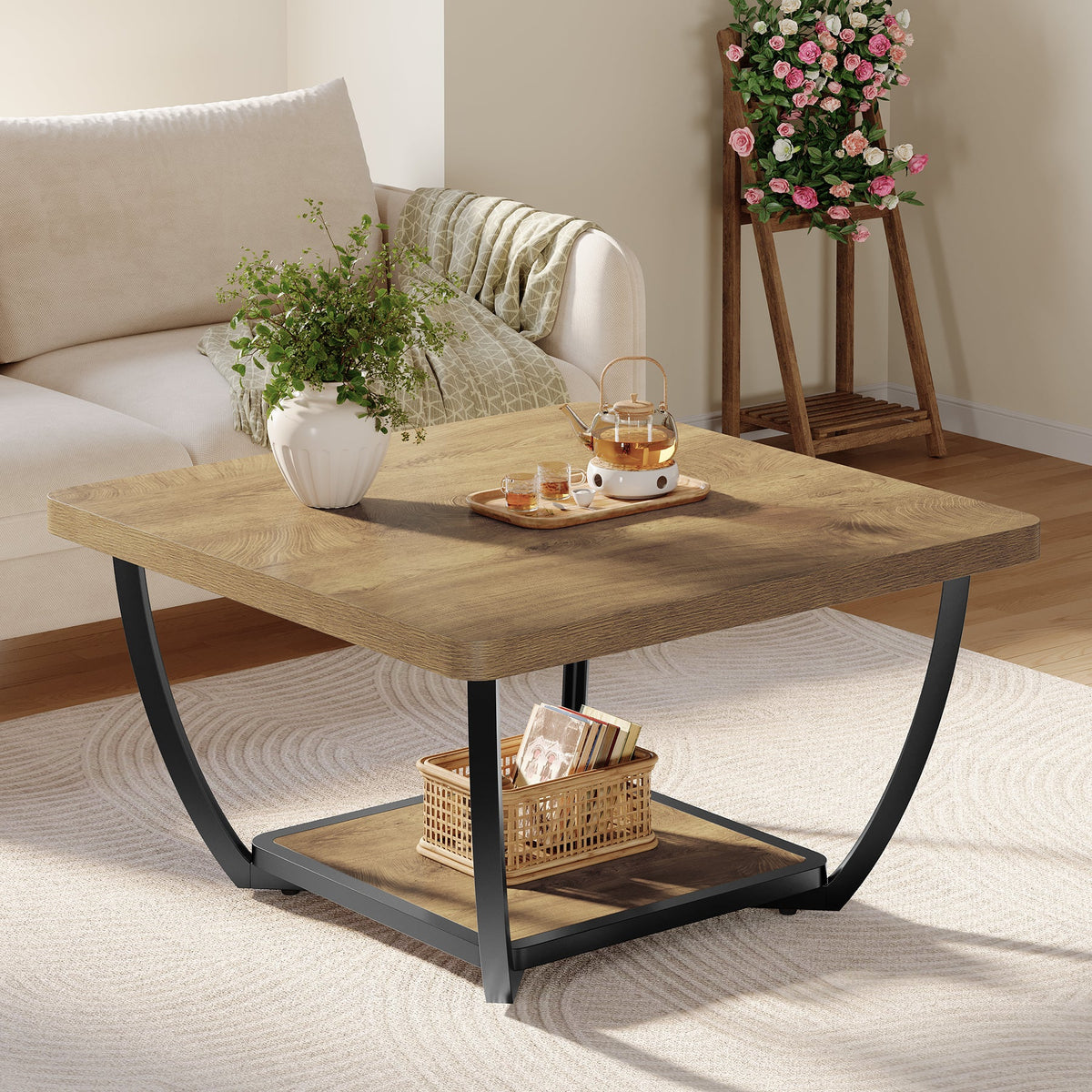 Tribesigns Table basse carrée de 80 cm avec étagère, Table de salon à deux niveaux avec structure en métal