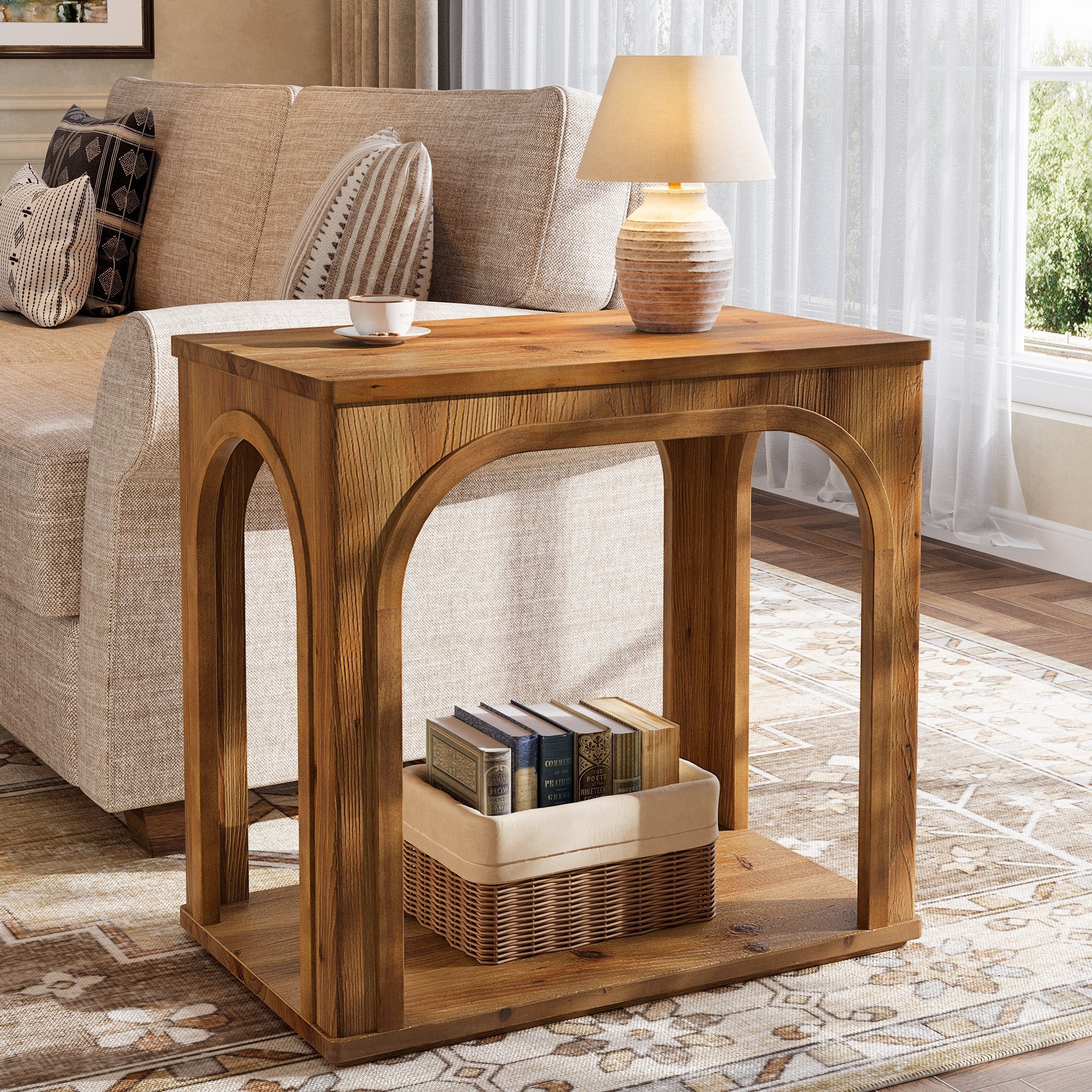 Table d'appoint rustique en bois massif de 64 cm avec 2 étagères