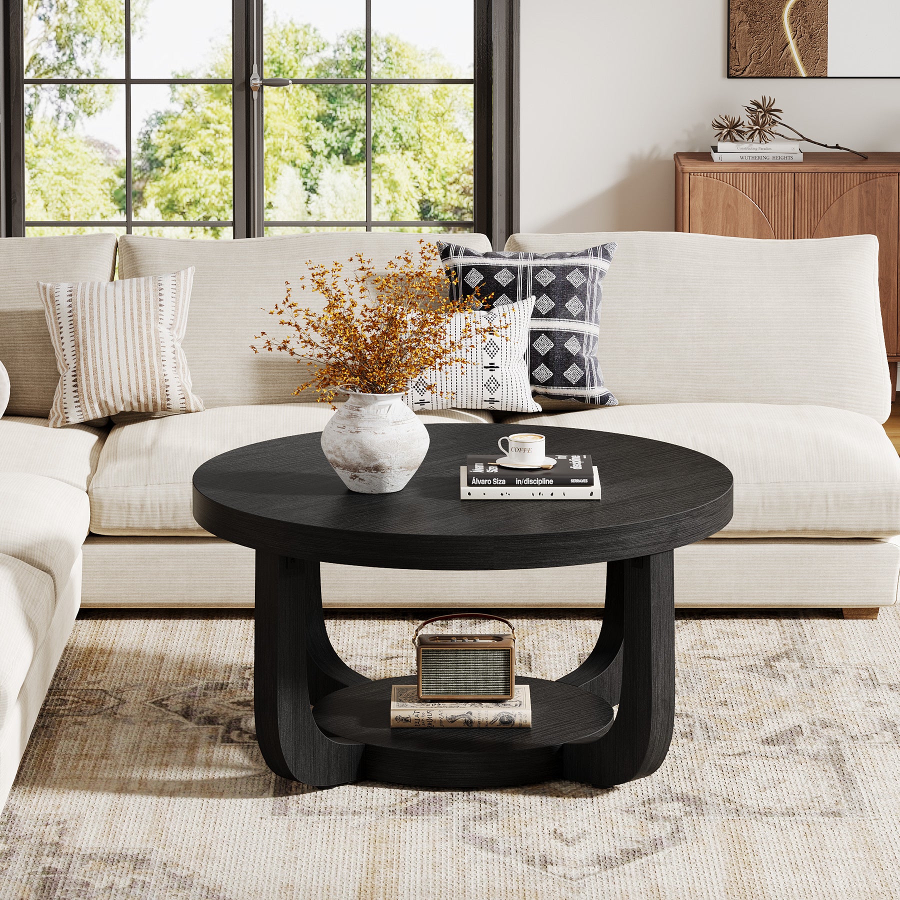 Tribesigns Table basse ronde, Table basse ronde à 2 niveaux avec espace de rangement