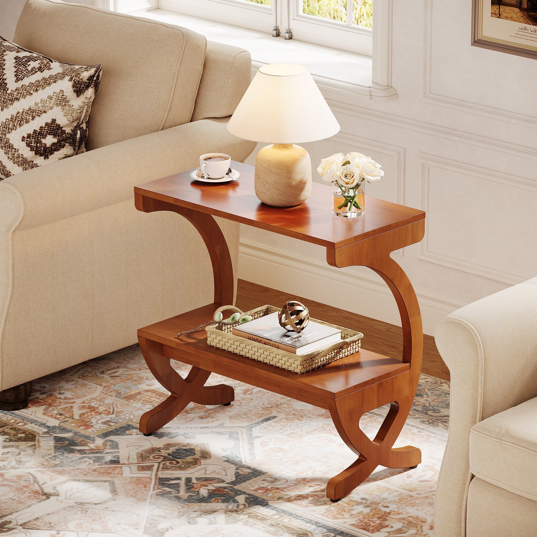Tribesigns Table d'appoint en bois massif avec étagère, Table de chevet étroite à 2 niveaux de style mid-century