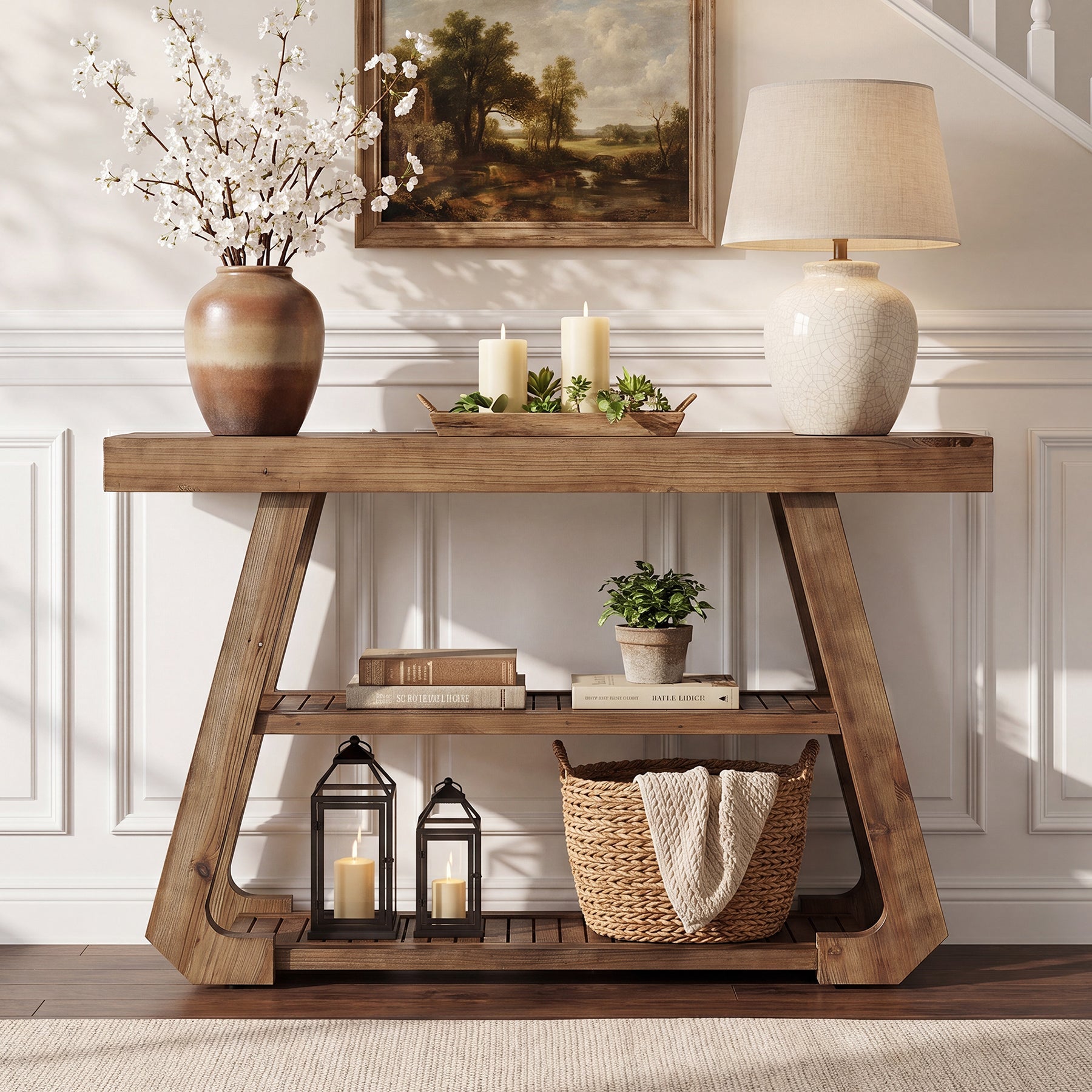 Tribesigns Console en bois massif de 105 cm avec 3 étagères, Style campagnard avec piètement en A