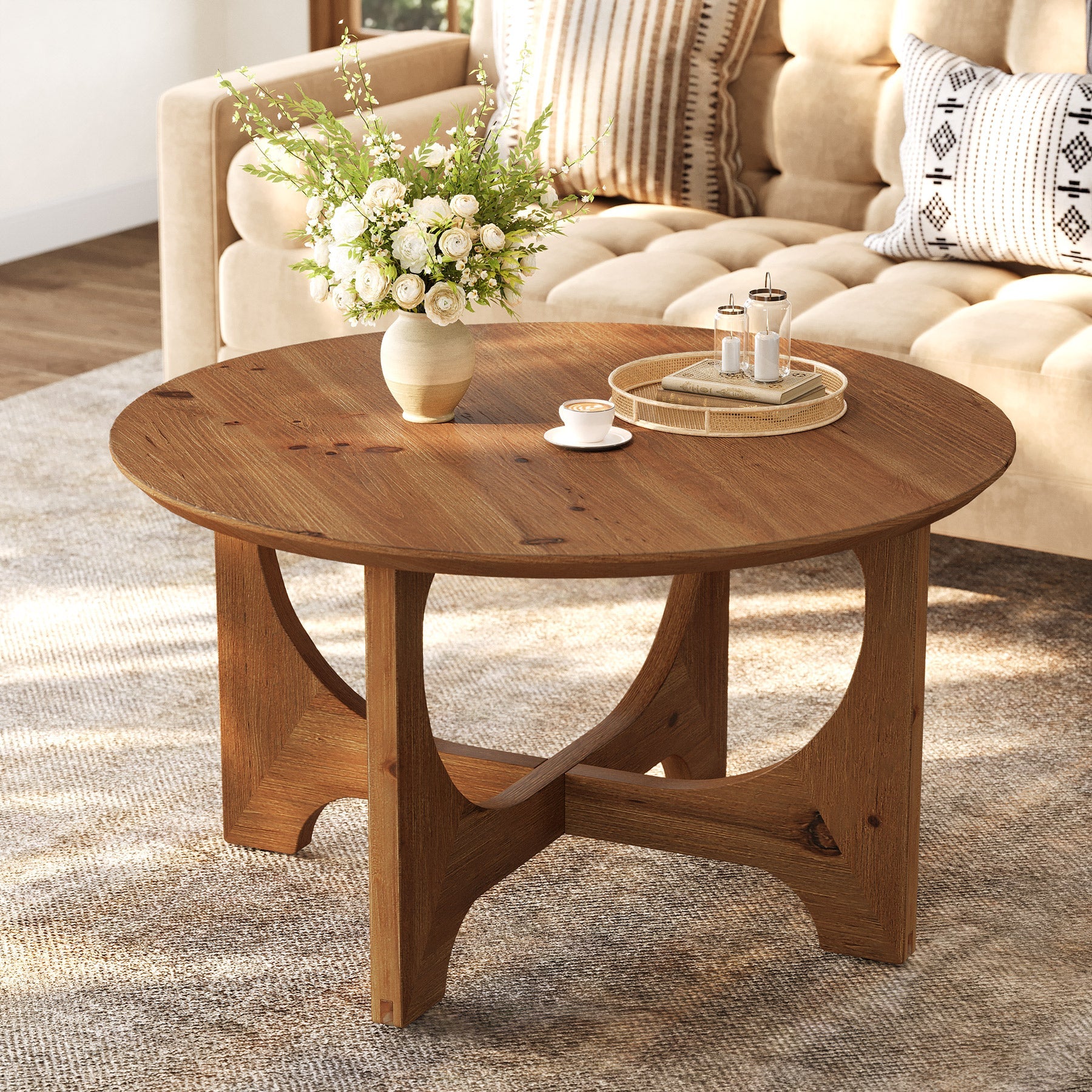 Tribesigns Table basse ronde en bois massif 80 cm, Style champêtre idéale pour les salons et les petits espaces