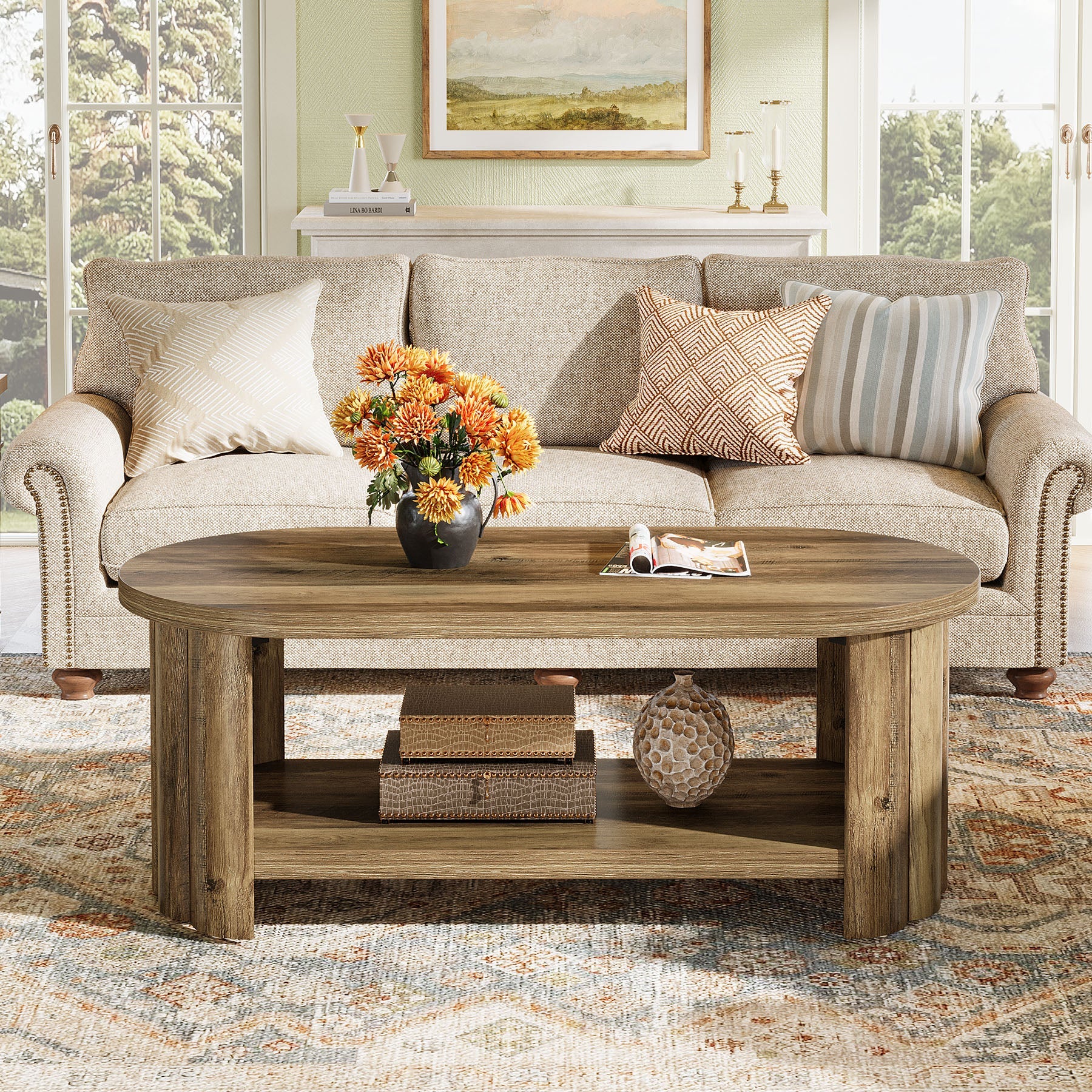 Tribesigns Table basse ovale 120 cm avec compartiment de rangement, Table de salon maison de campagne avec pied rainuré