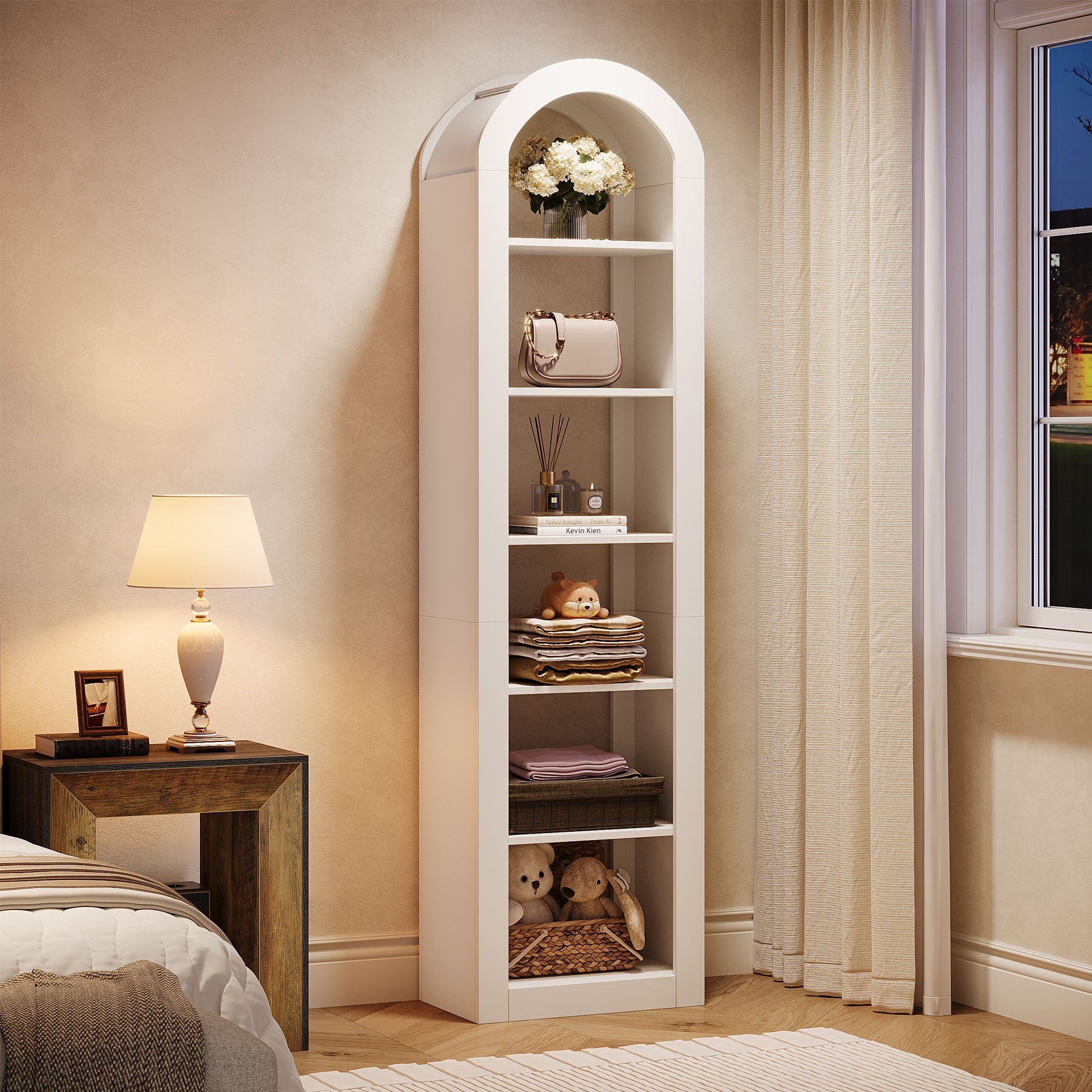 Tribesigns Bibliothèque haute de 190 cm de haut de forme arquée avec étagère étroite à 6 niveaux autoportante