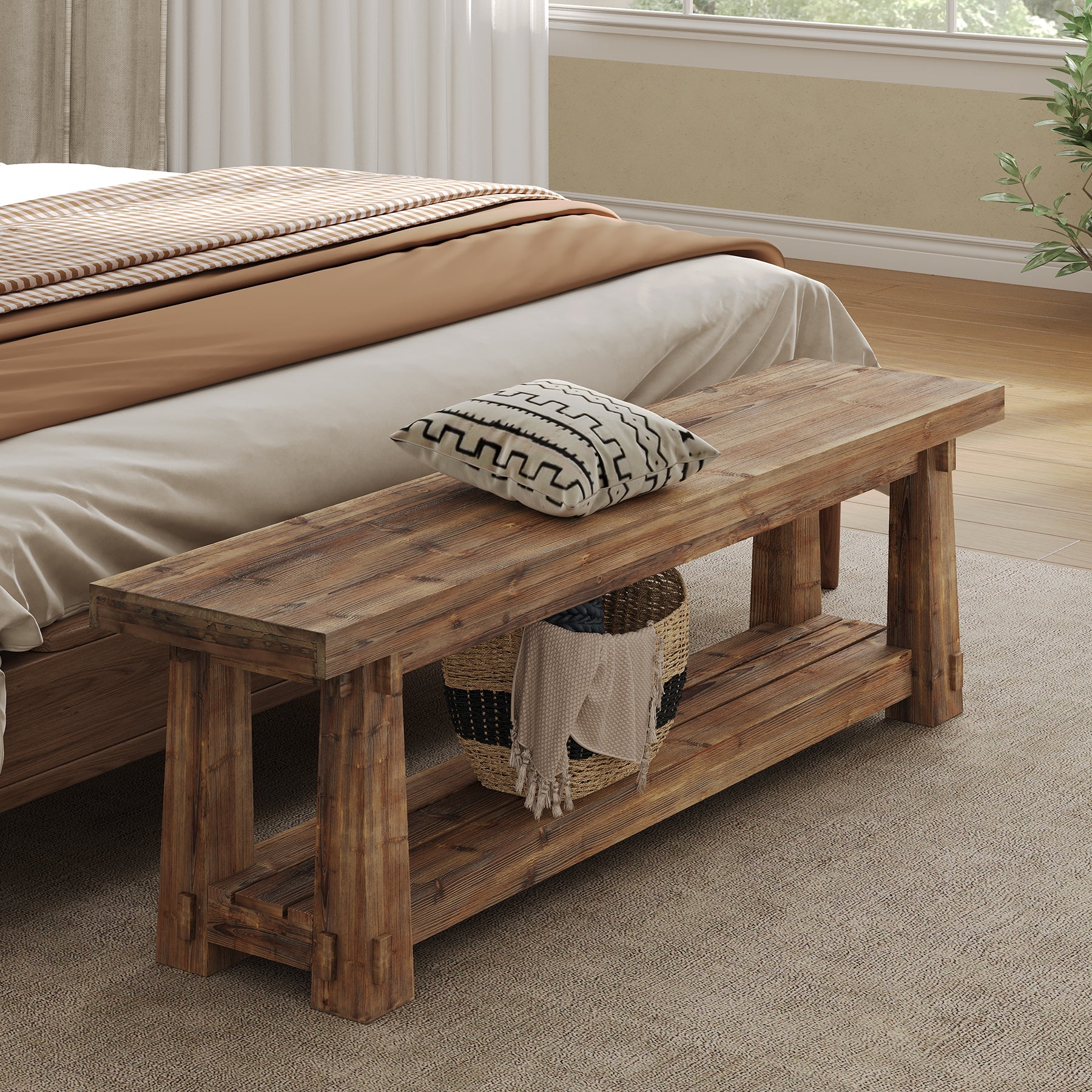 Tribesigns Banc en bois massif avec rangement à chaussures, Banc d'entrée de 140 cm avec étagère